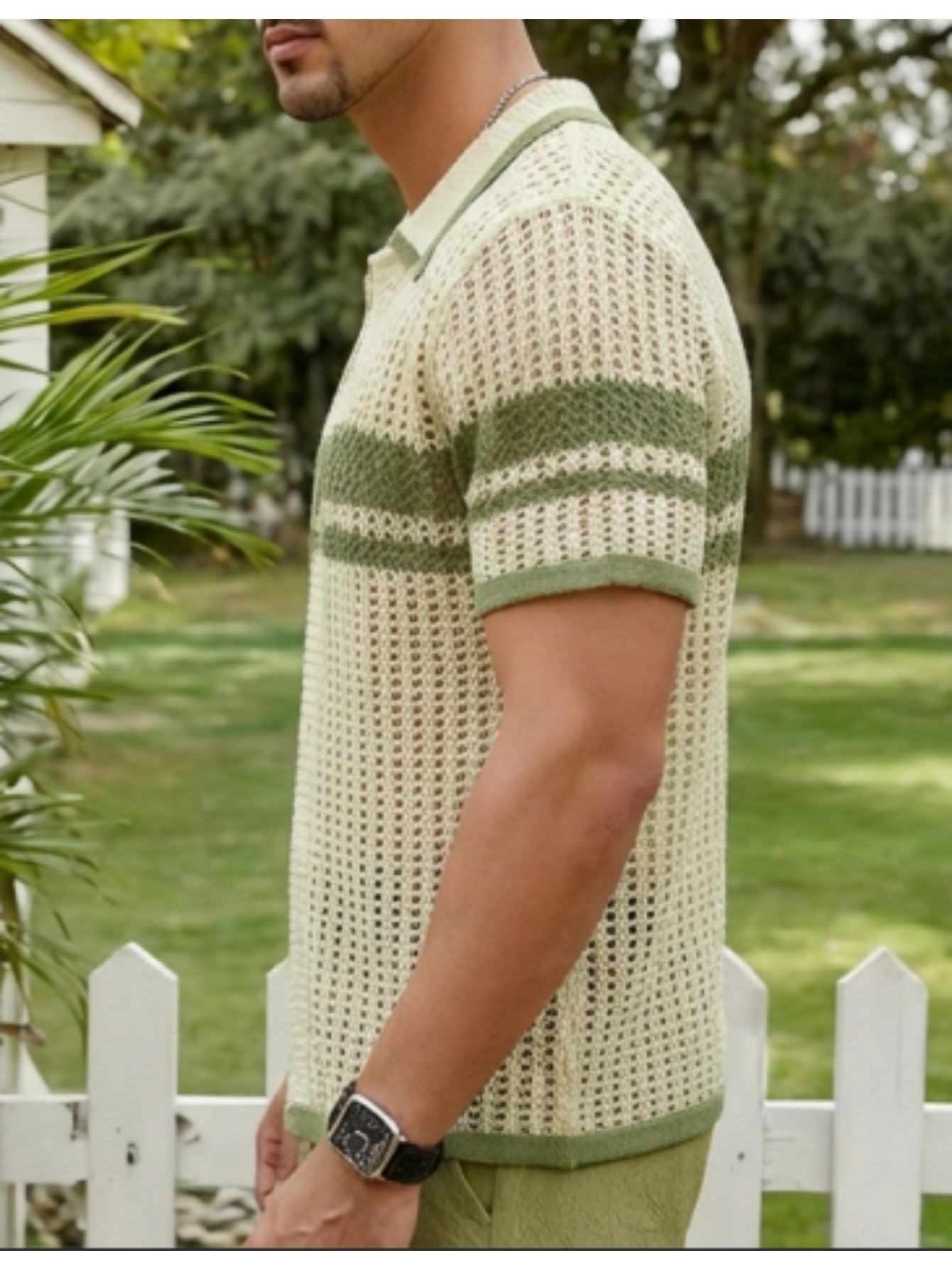 Beige & Green Stripe Crochet Knit Button-Up Shirt