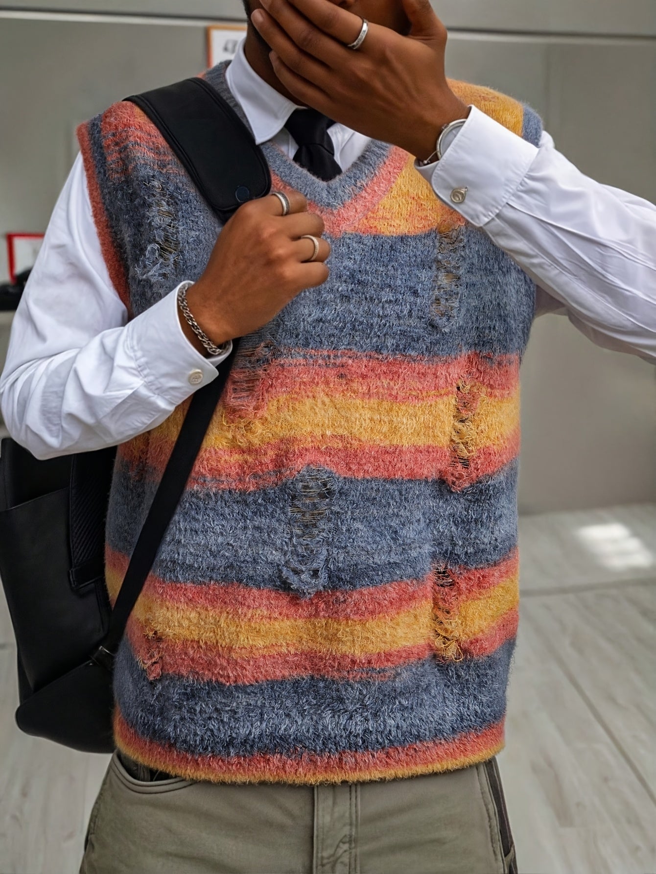 Fuzzy Distressed Stripe V-Neck Knit Vest