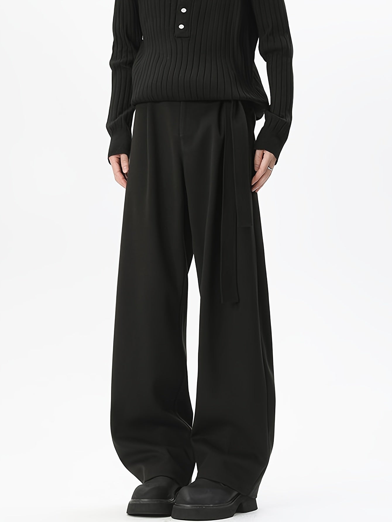 Black Minimalist High-Waist Wide-Leg Trousers with Side Tie