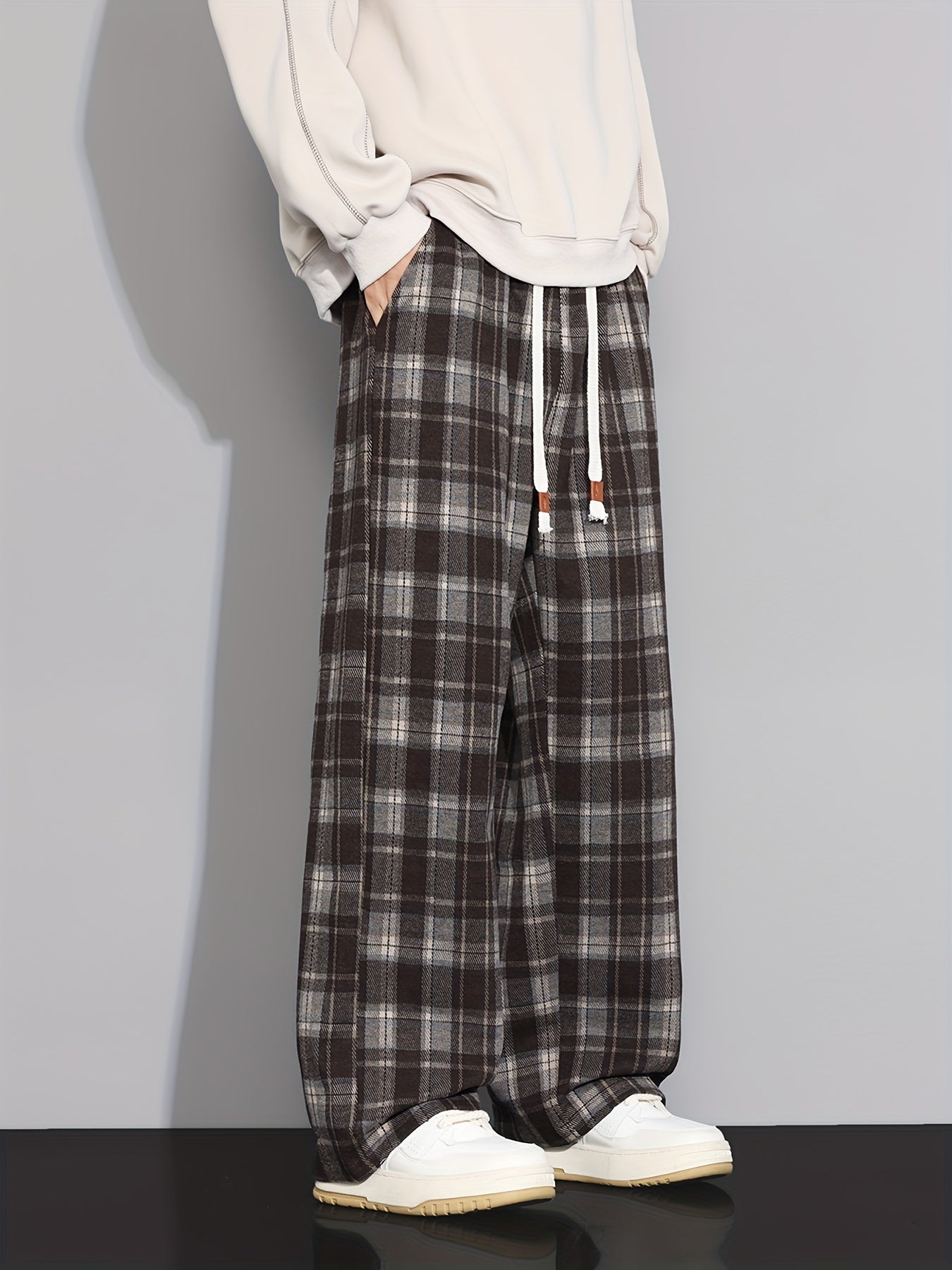 Brown & Grey Plaid Wide-Leg Lounge Pants