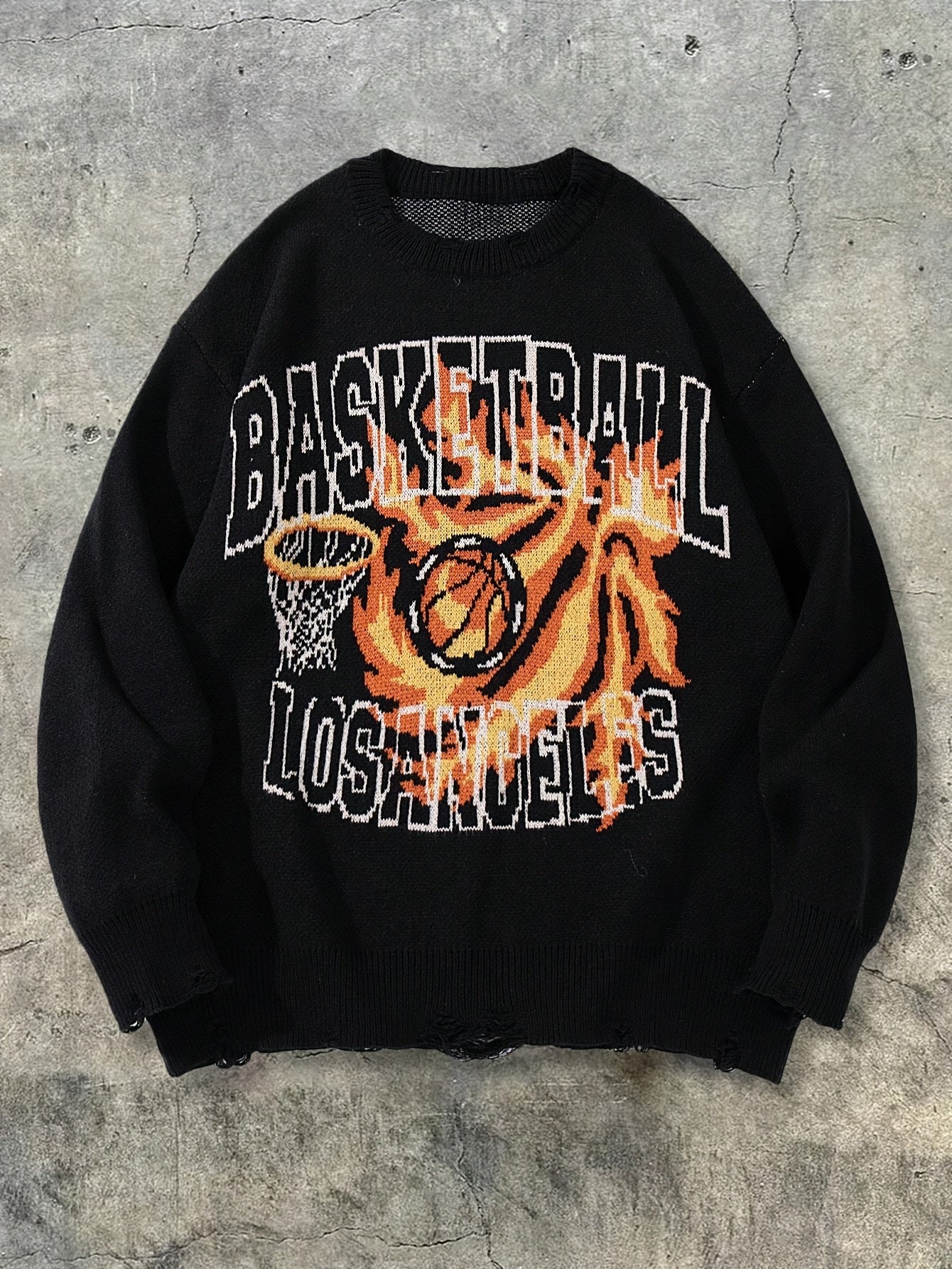Black Los Angeles Basketball Graphic Distressed Knit Sweater