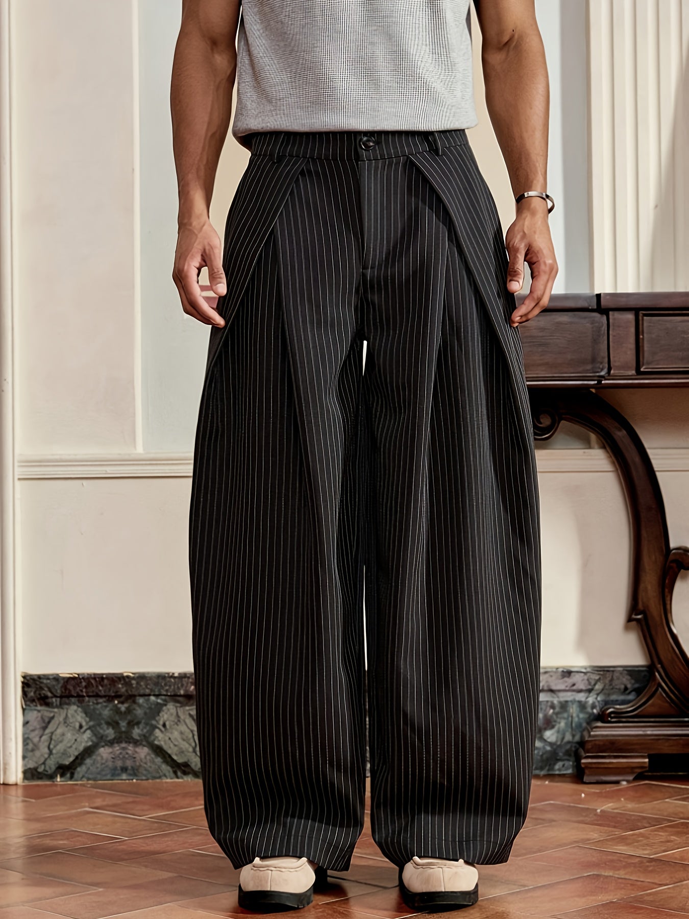 Black & White Pinstripe High-Waist Wide-Leg Trousers with Asymmetric Overlay