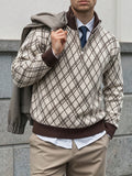 Beige & Brown Argyle Half-Zip Knit Sweater