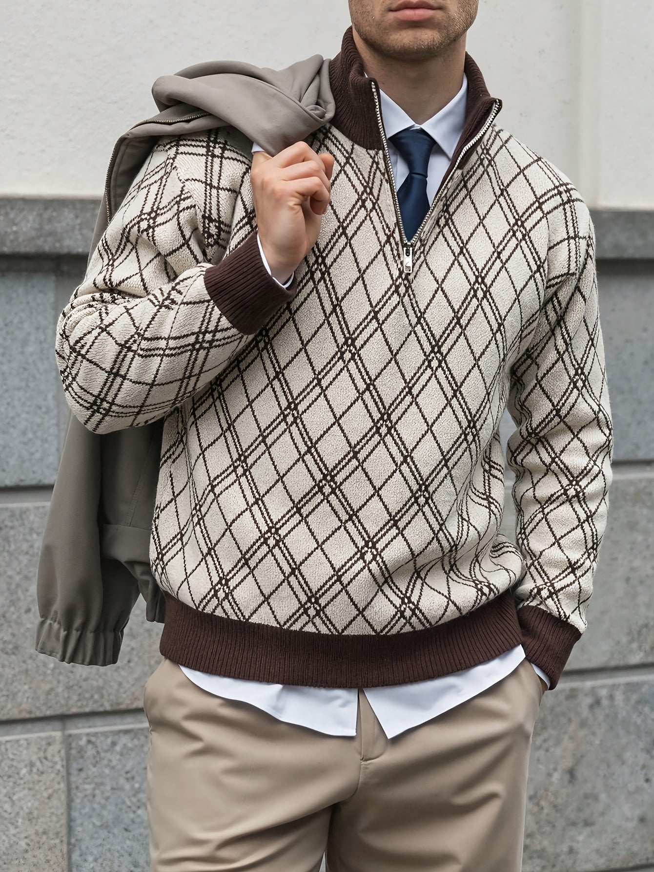 Beige & Brown Argyle Half-Zip Knit Sweater