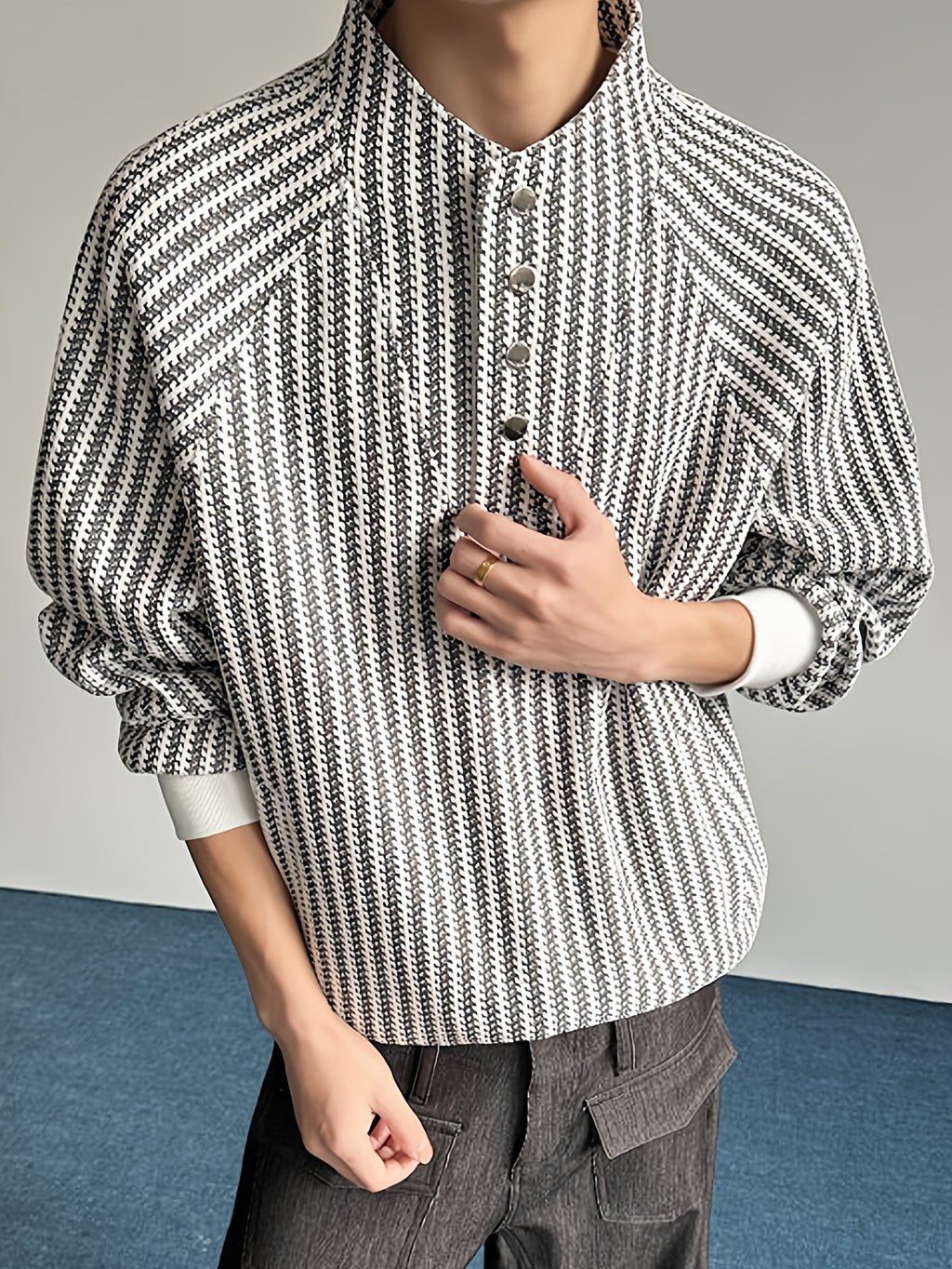 Black & White Textured Stand-Collar Henley Top