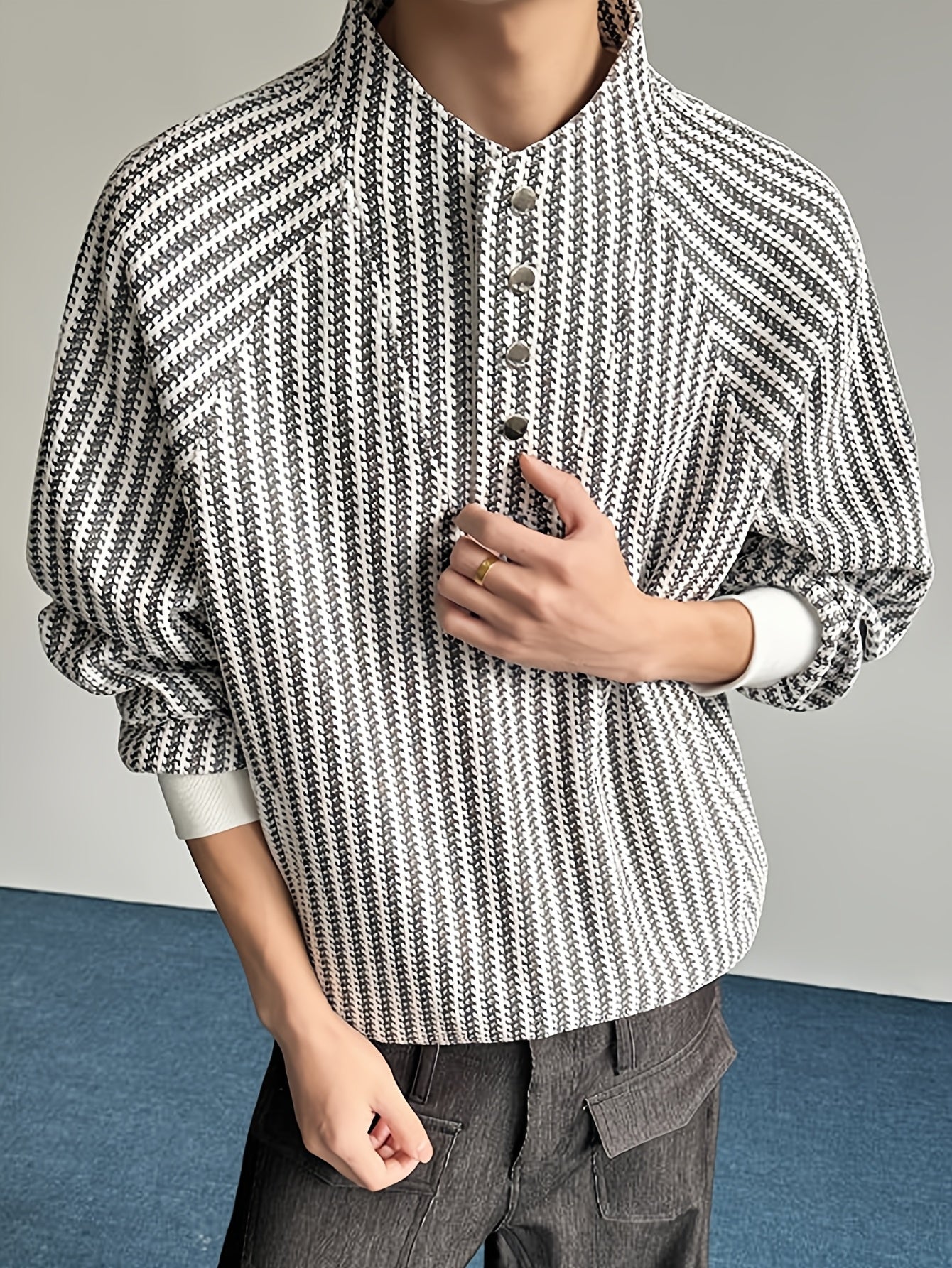 Black & White Textured Stand-Collar Henley Top