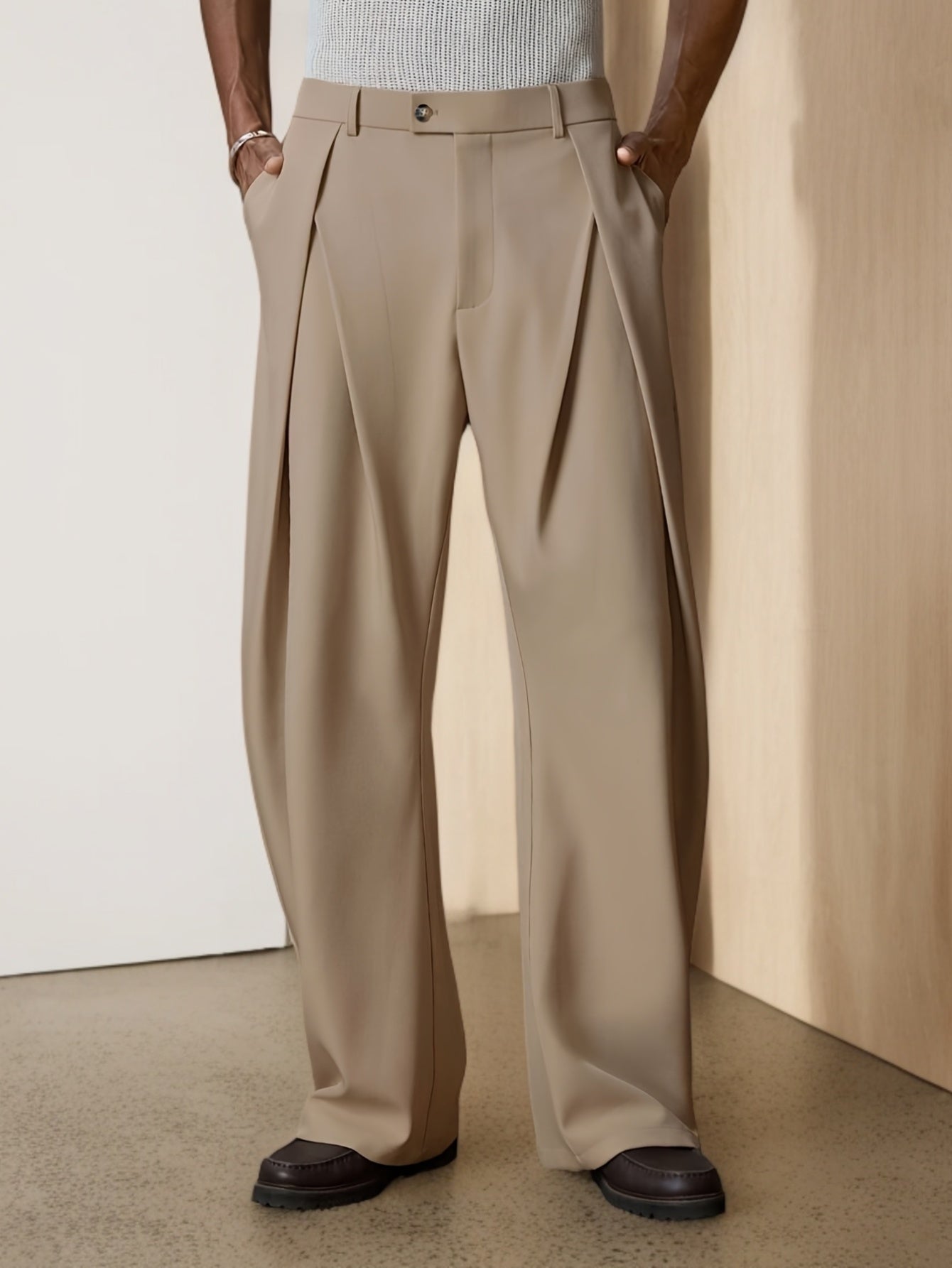 Beige High-Waisted Pleated Wide-Leg Trousers