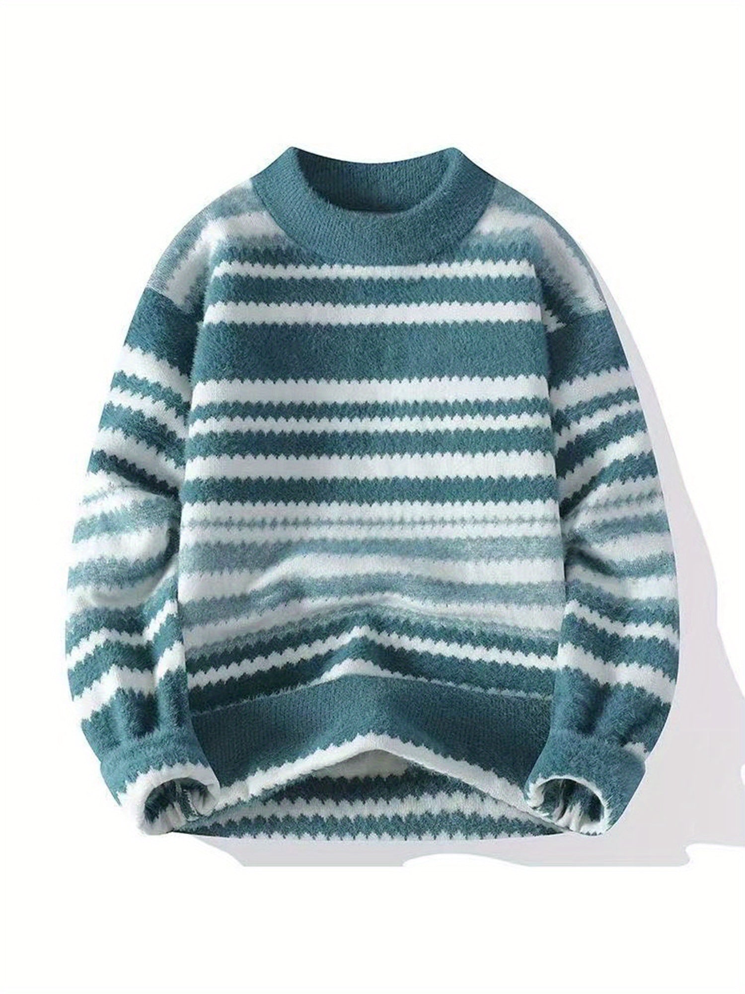 Teal & White Gradient Stripe Fuzzy Crewneck Sweater