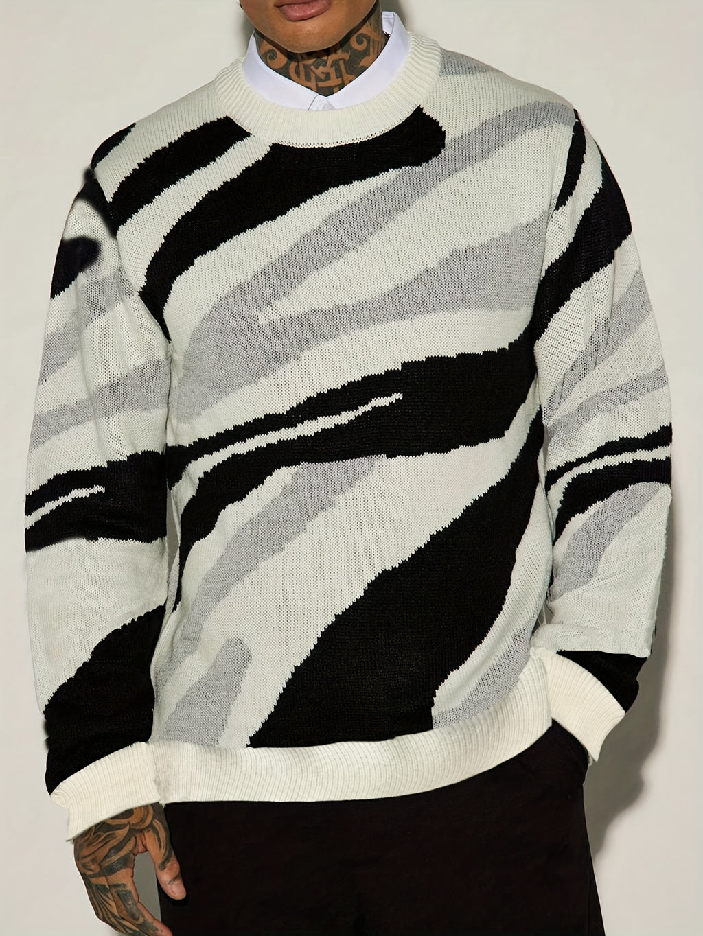 Abstract Wave Stripe Knit Crewneck Sweater