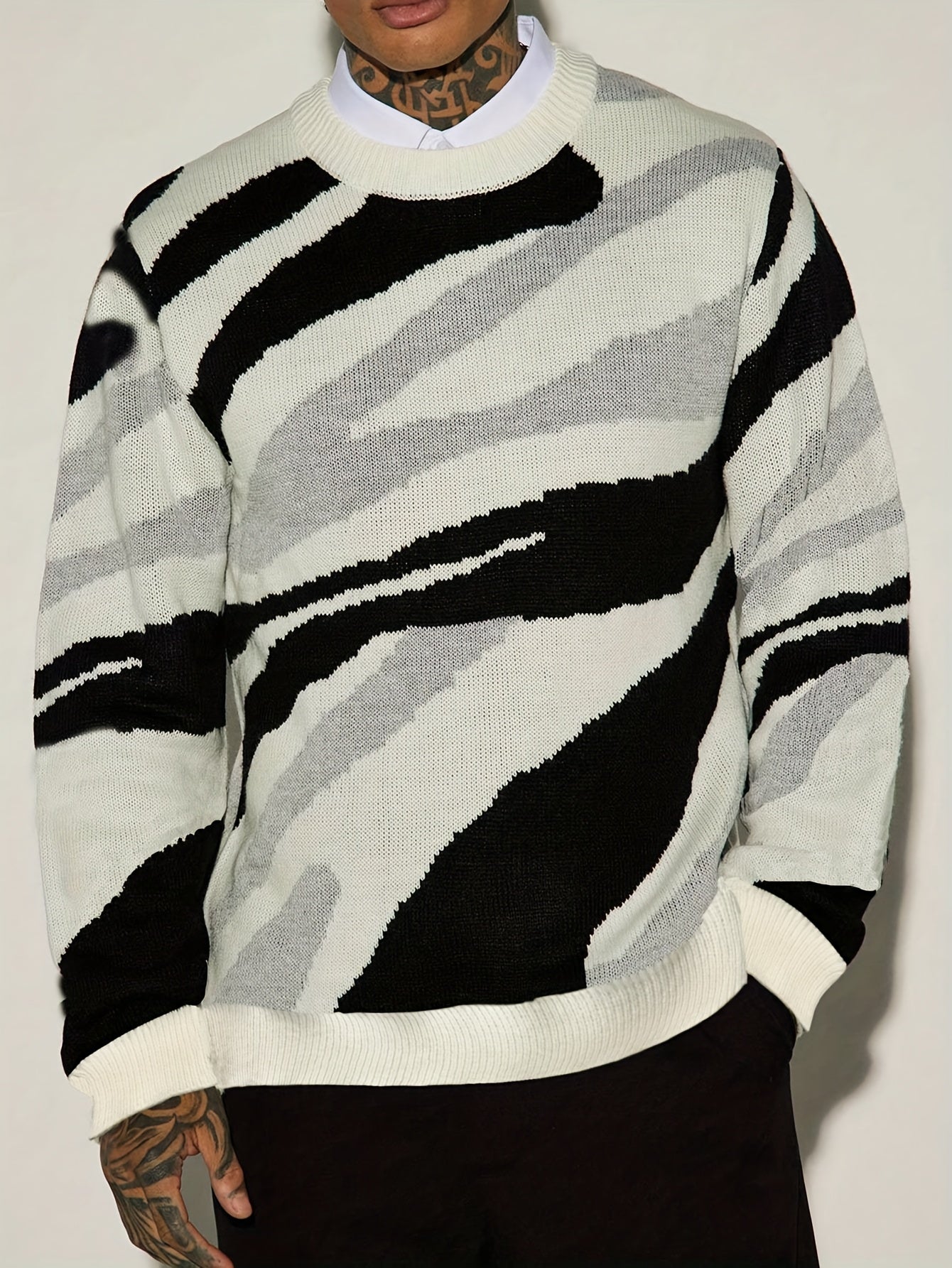 Abstract Wave Stripe Knit Crewneck Sweater
