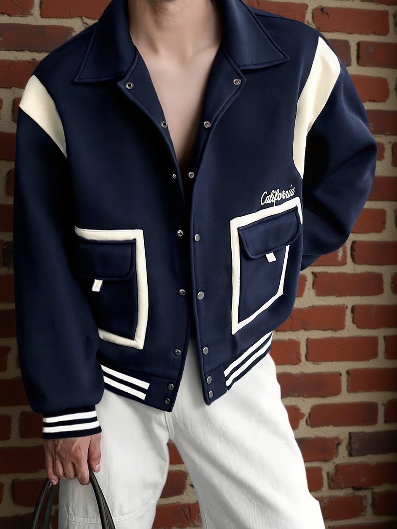 Navy & Cream "California" Embroidered Baseball Jacket