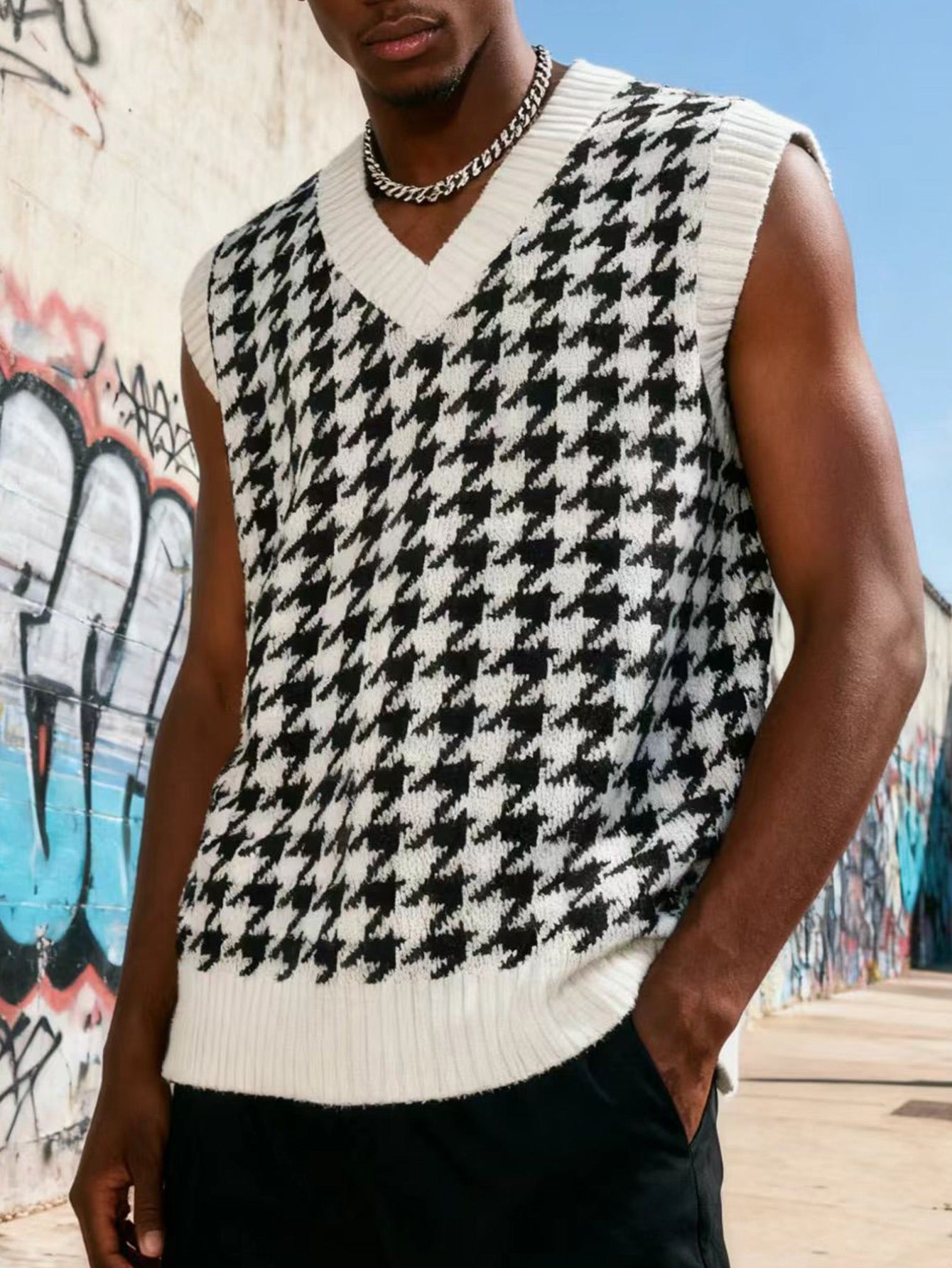 Cream Pixel Dog Pattern Oversized Knit Crewneck Sweater