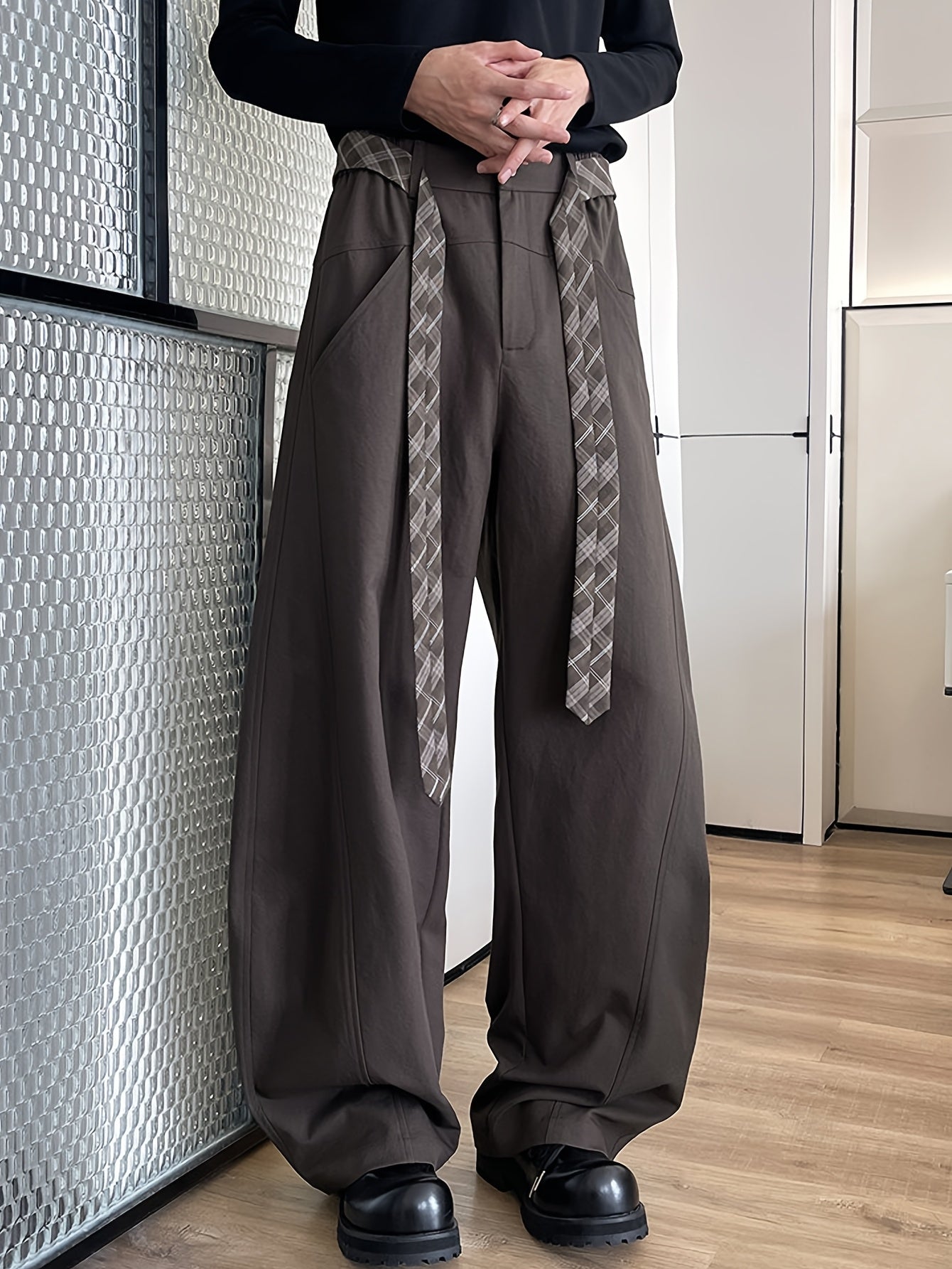 Dark Brown Wide-Leg Trousers with Plaid Accent Straps