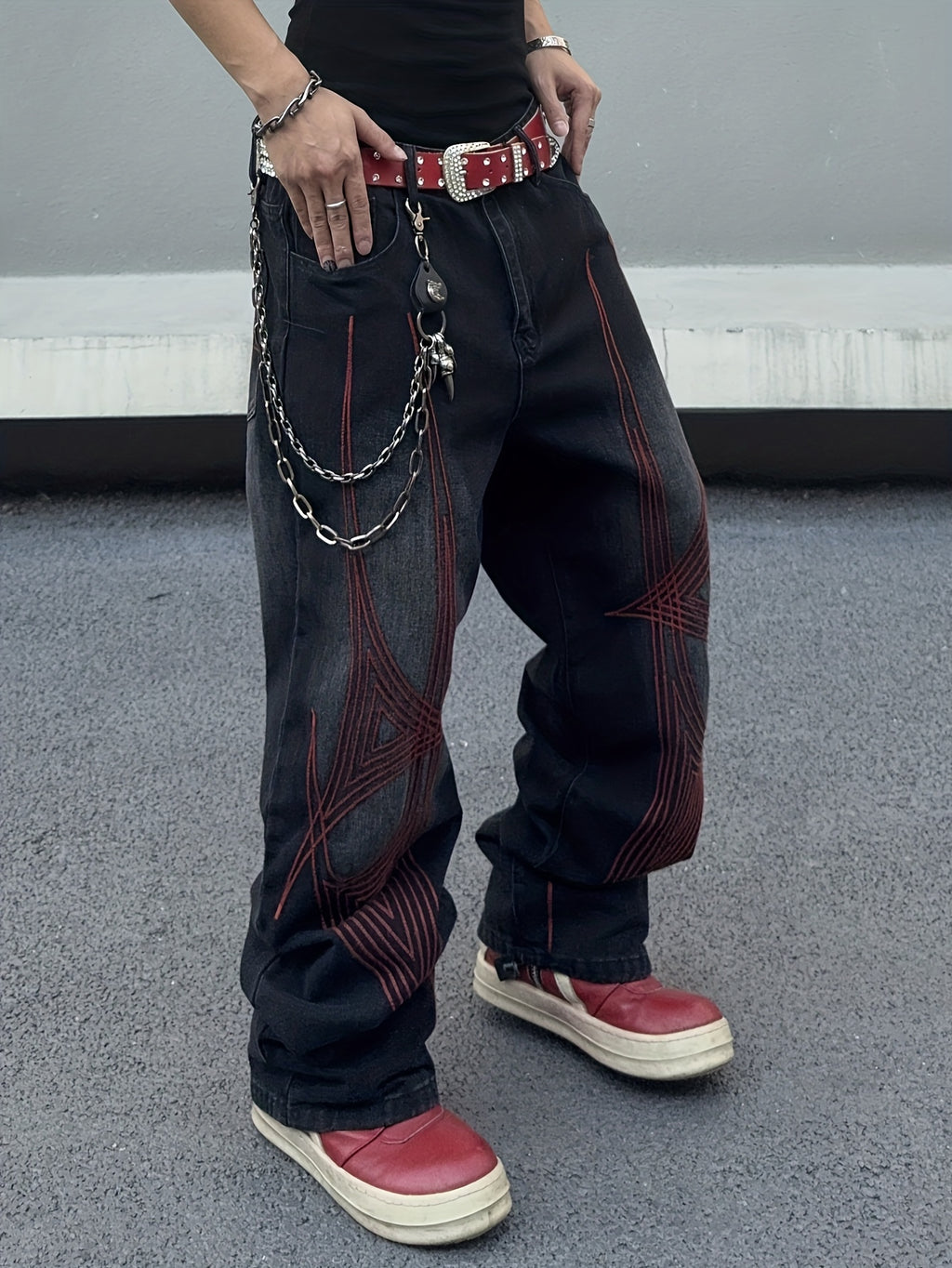 Black & Grey Gradient Red Geometric Embroidery Wide-Leg Denim Jeans