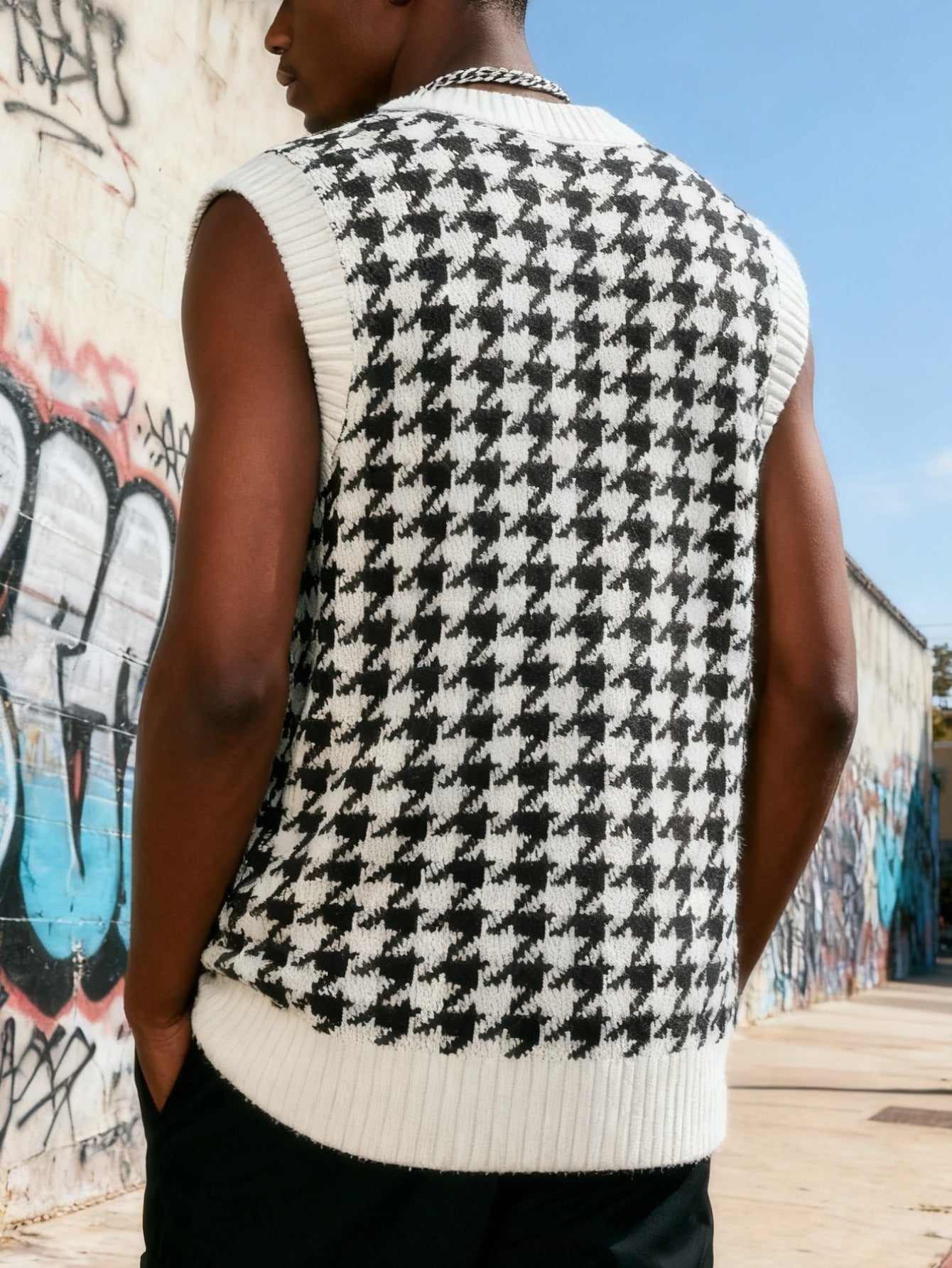 Cream Pixel Dog Pattern Oversized Knit Crewneck Sweater