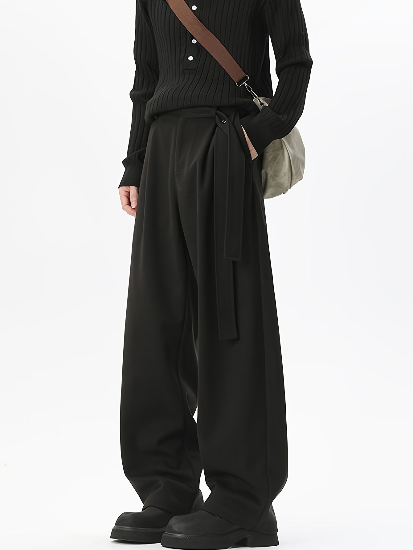 Black Minimalist High-Waist Wide-Leg Trousers with Side Tie