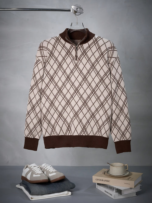 Beige & Brown Argyle Half-Zip Knit Sweater