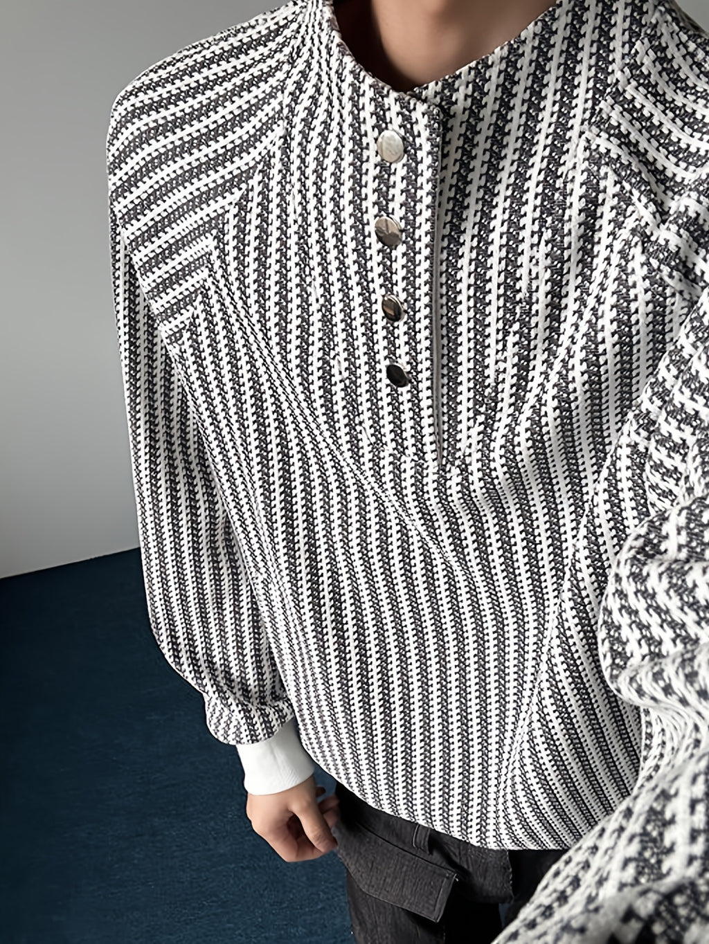 Black & White Textured Stand-Collar Henley Top