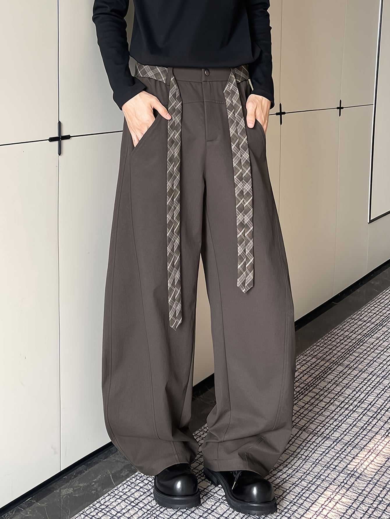Dark Brown Wide-Leg Trousers with Plaid Accent Straps