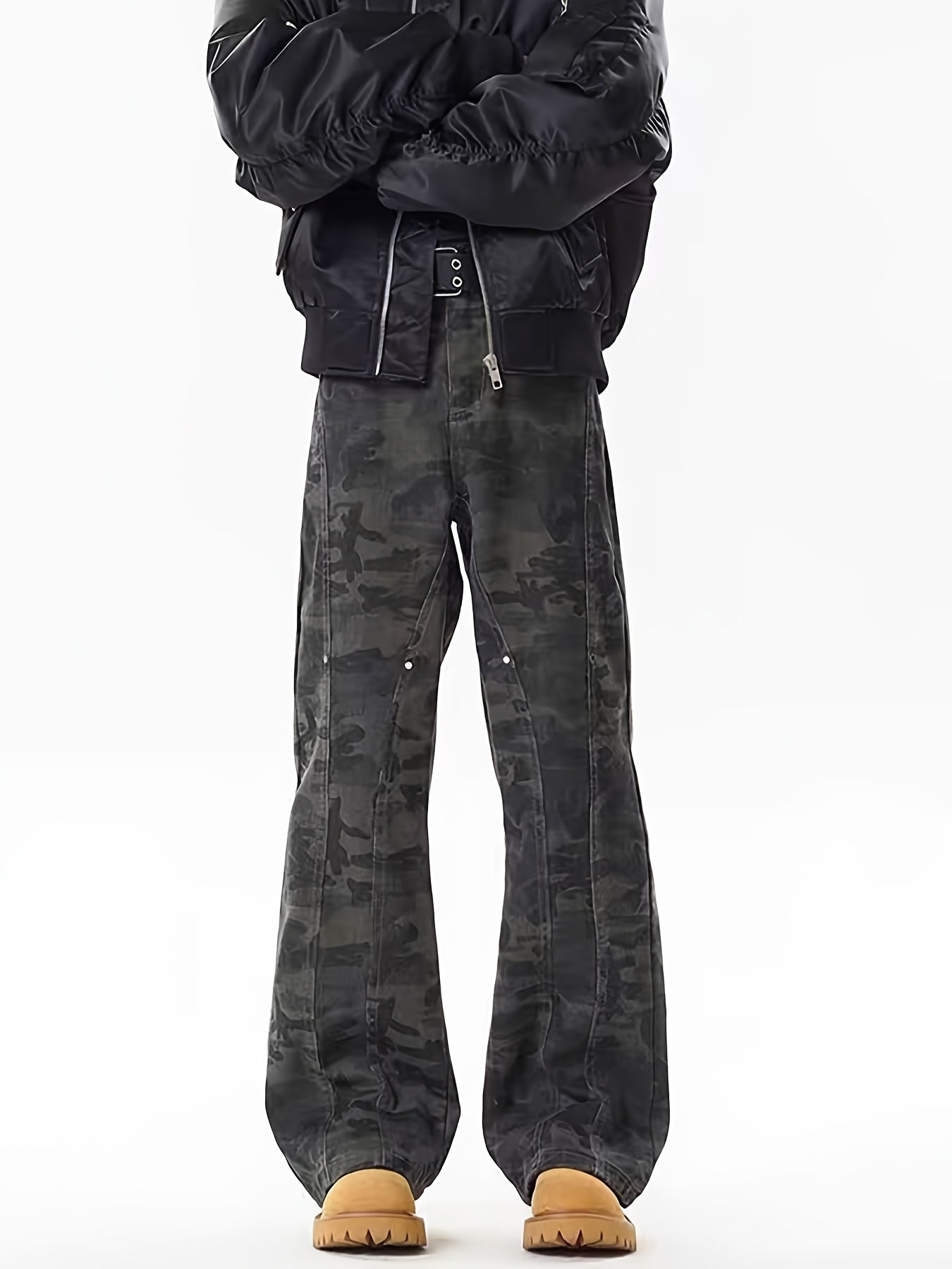 Dark Camo Wide-Leg Cargo Pants with Ankle Buckles