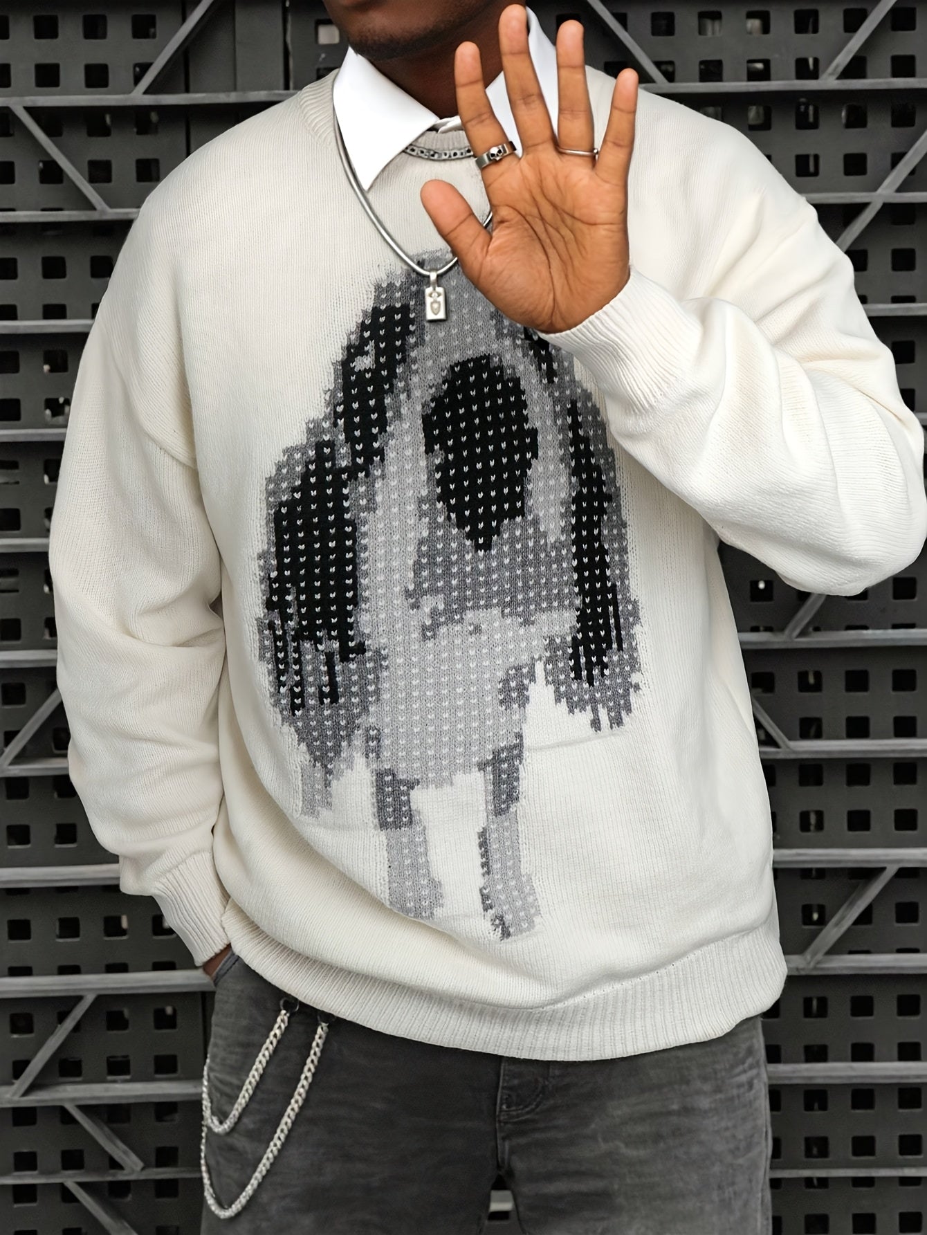 Cream Pixel Dog Pattern Oversized Knit Crewneck Sweater