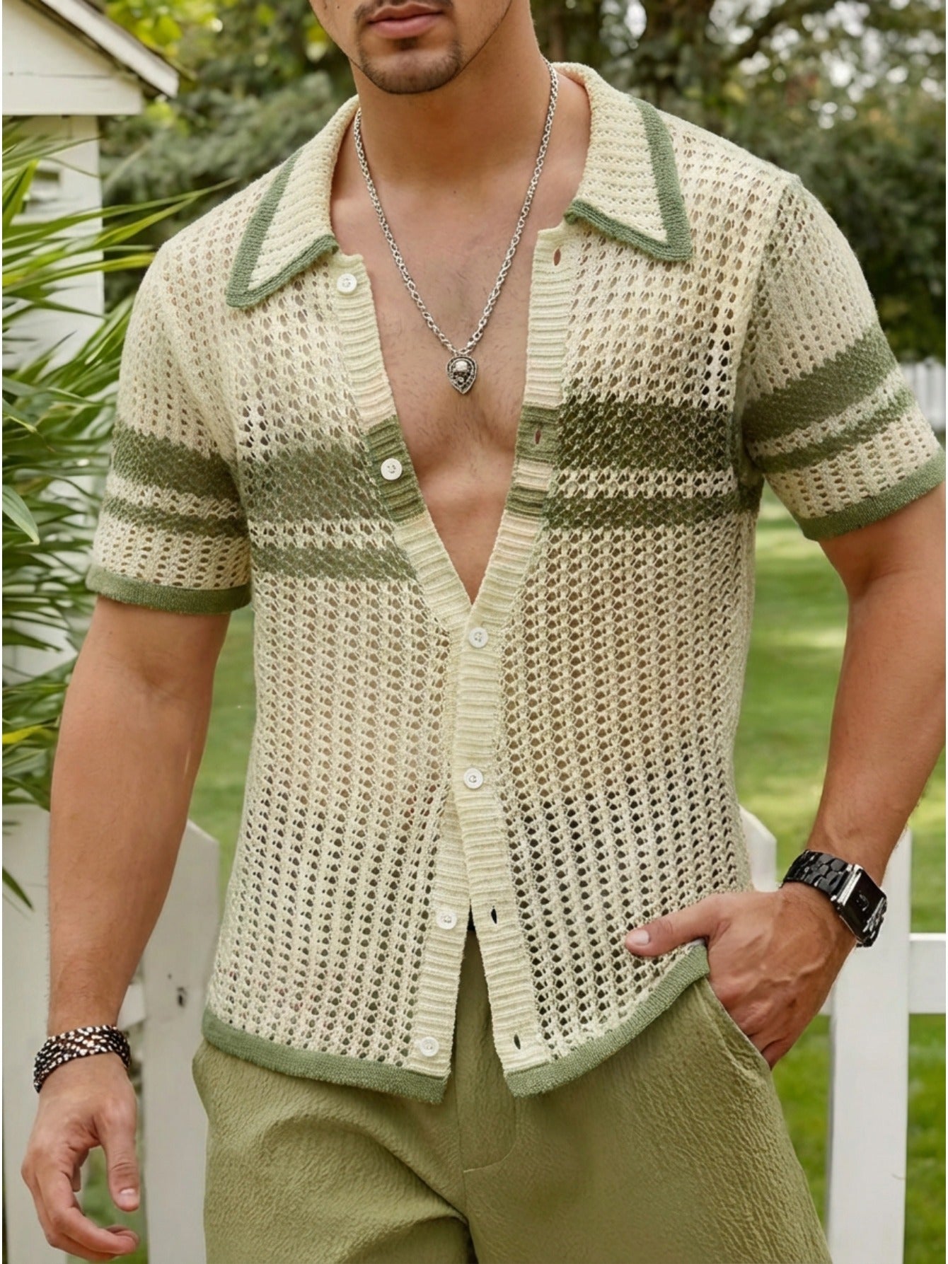 Beige & Green Stripe Crochet Knit Button-Up Shirt