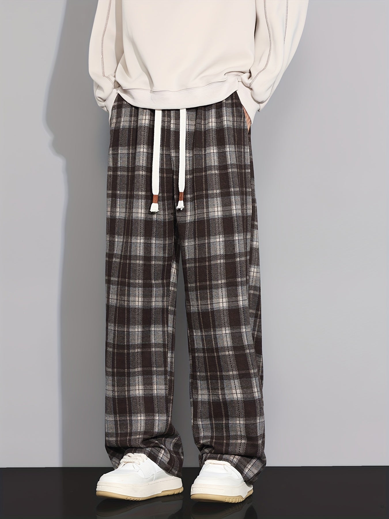 Brown & Grey Plaid Wide-Leg Lounge Pants