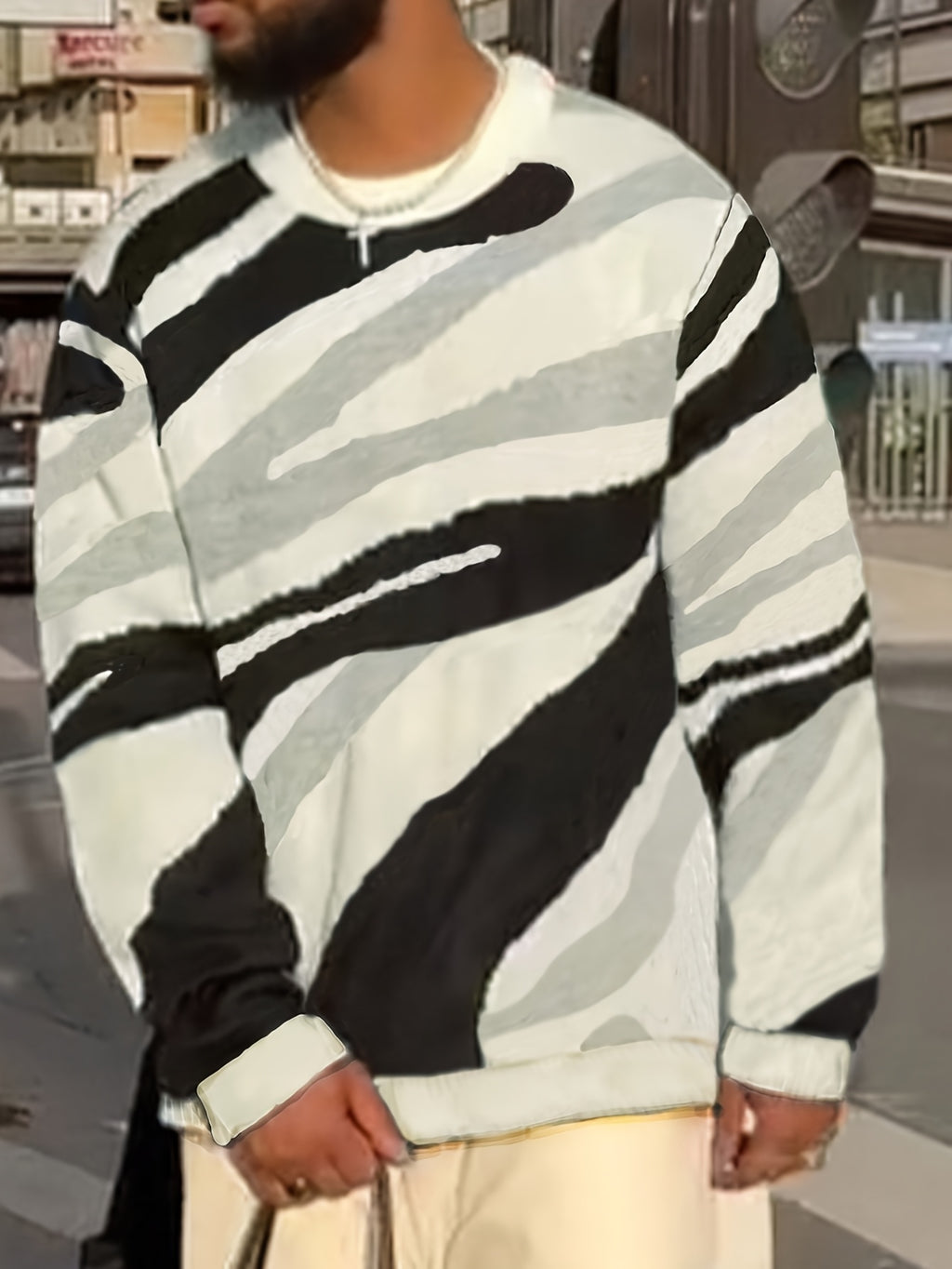 Abstract Wave Stripe Knit Crewneck Sweater