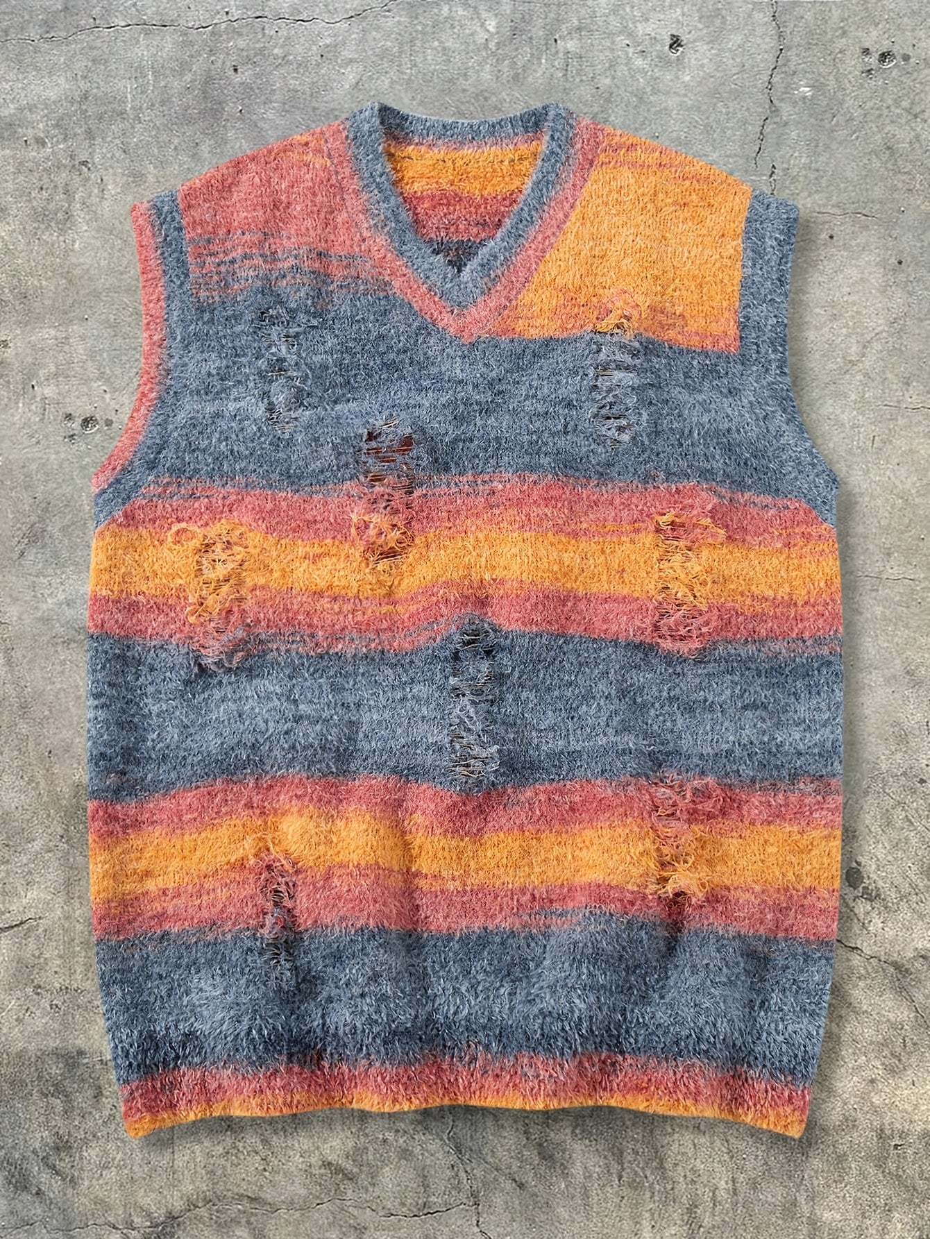 Fuzzy Distressed Stripe V-Neck Knit Vest