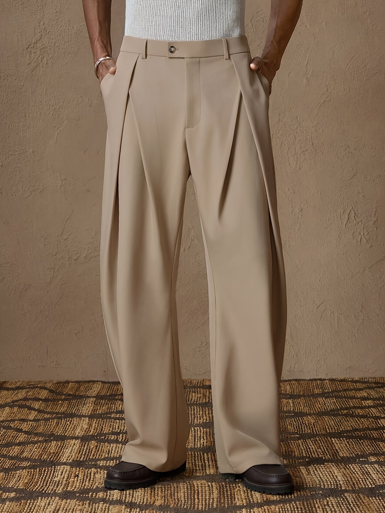 Beige High-Waisted Pleated Wide-Leg Trousers