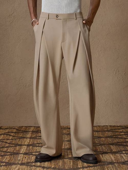 Beige High-Waisted Pleated Wide-Leg Trousers