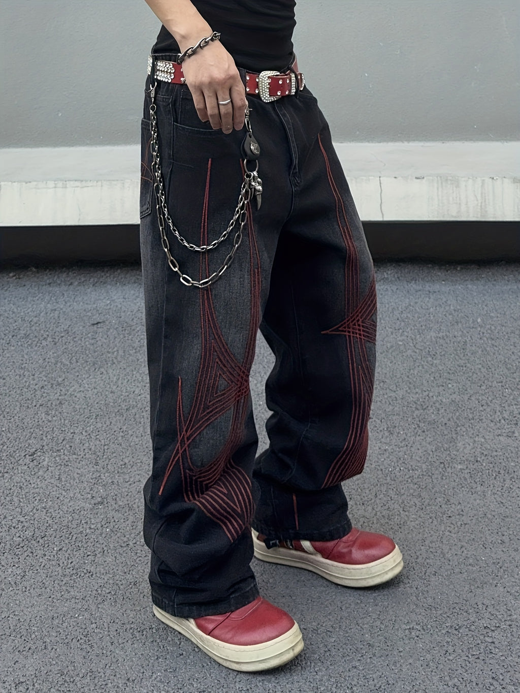 Black & Grey Gradient Red Geometric Embroidery Wide-Leg Denim Jeans