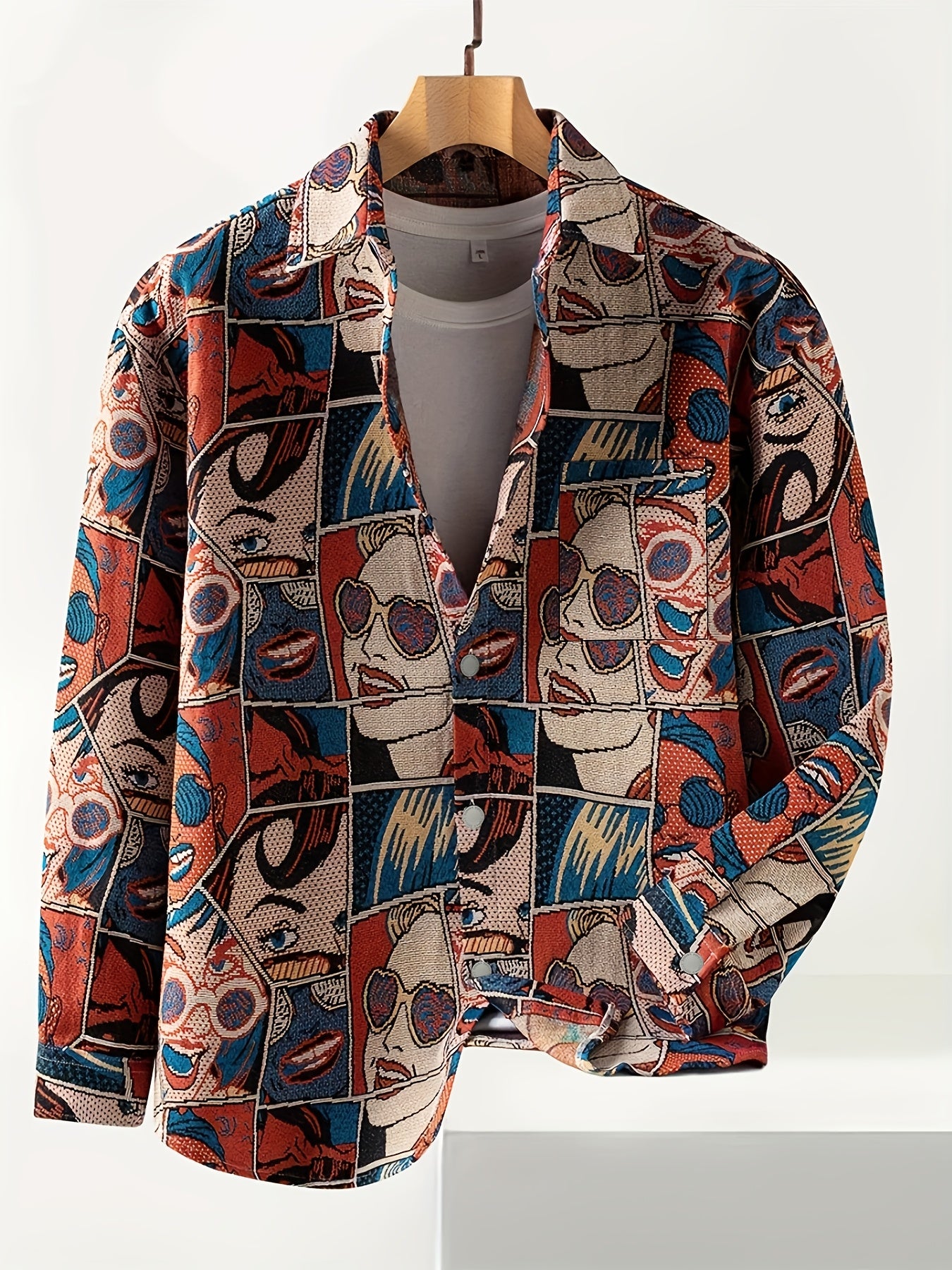 Comic Print Jacquard Oversized Shirt Jacket