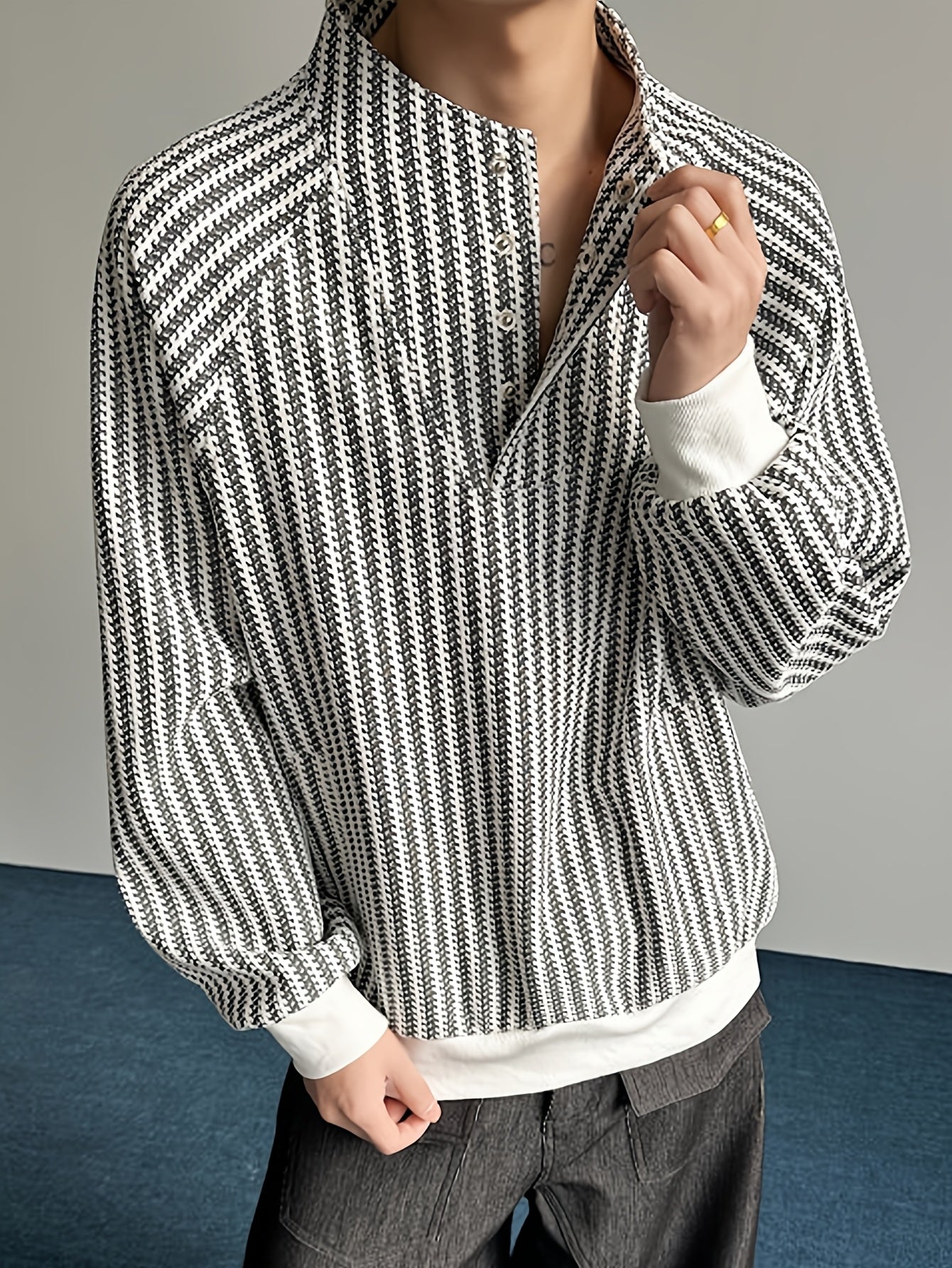 Black & White Textured Stand-Collar Henley Top