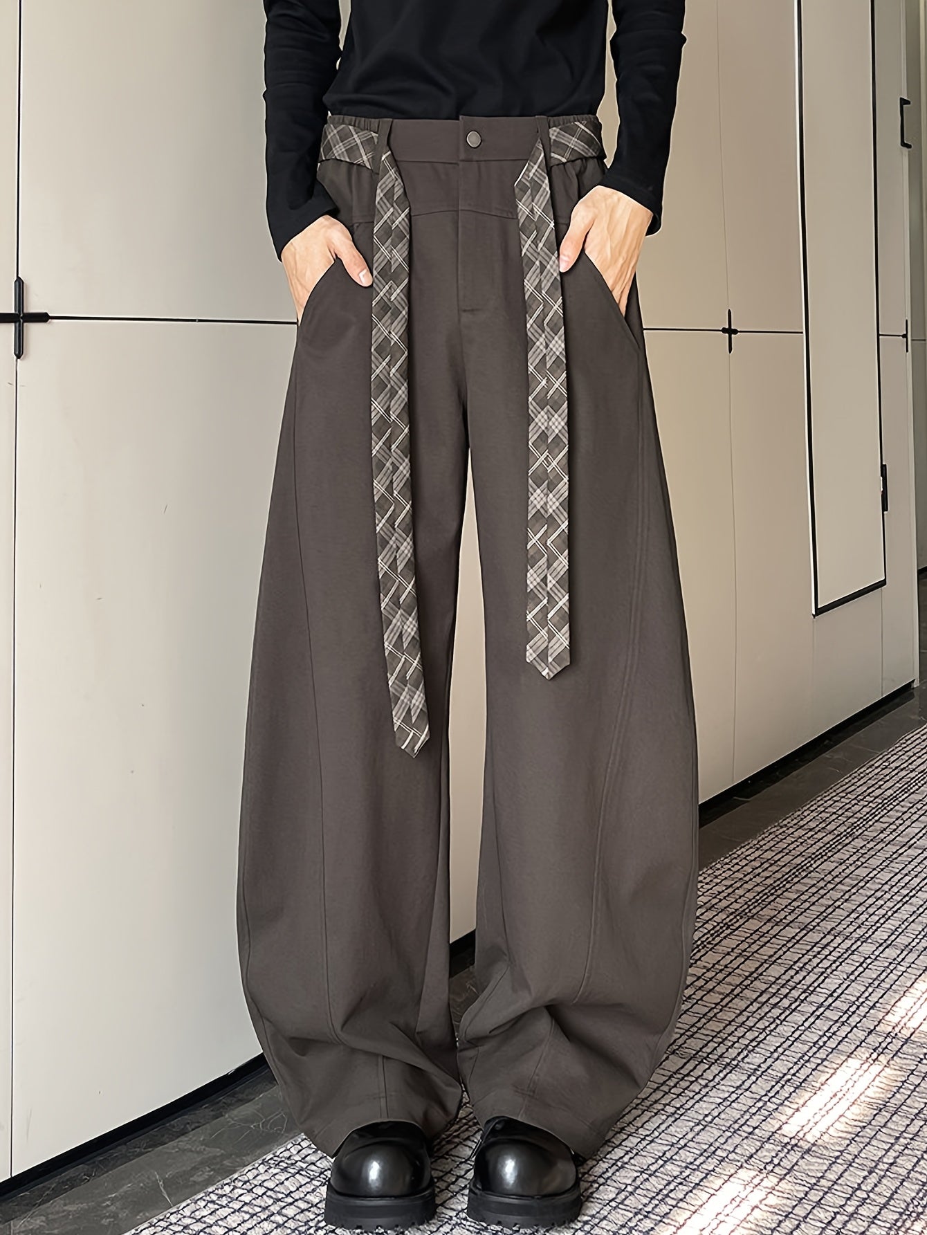 Dark Brown Wide-Leg Trousers with Plaid Accent Straps
