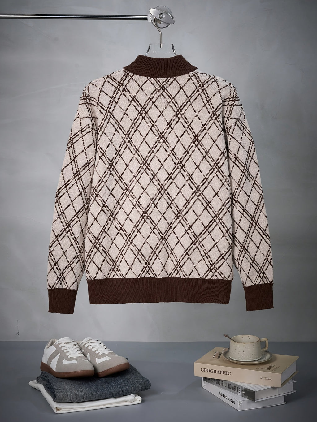 Beige & Brown Argyle Half-Zip Knit Sweater