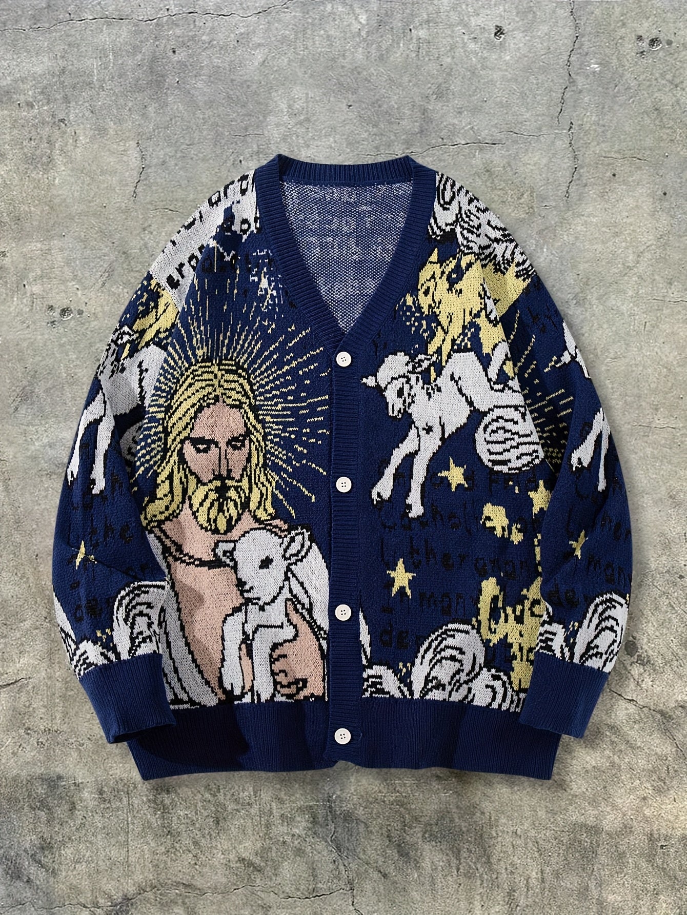 Religious Iconography Jacquard Knit Cardigan