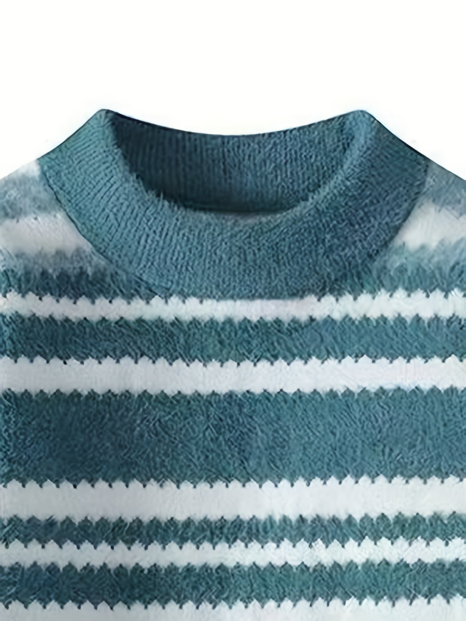 Teal & White Gradient Stripe Fuzzy Crewneck Sweater