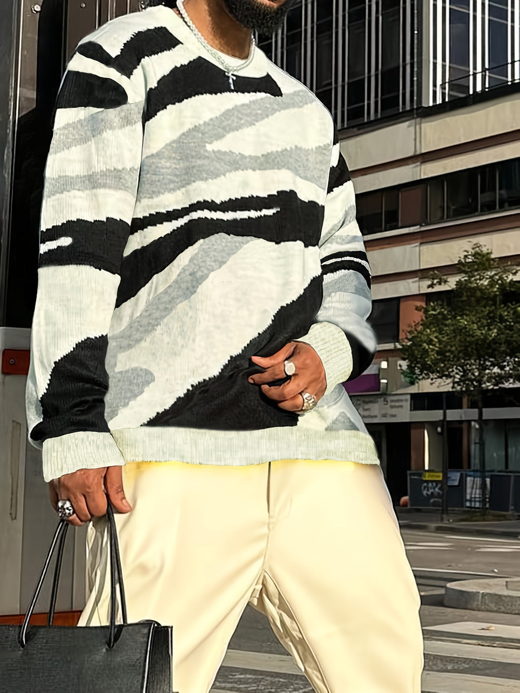 Abstract Wave Stripe Knit Crewneck Sweater