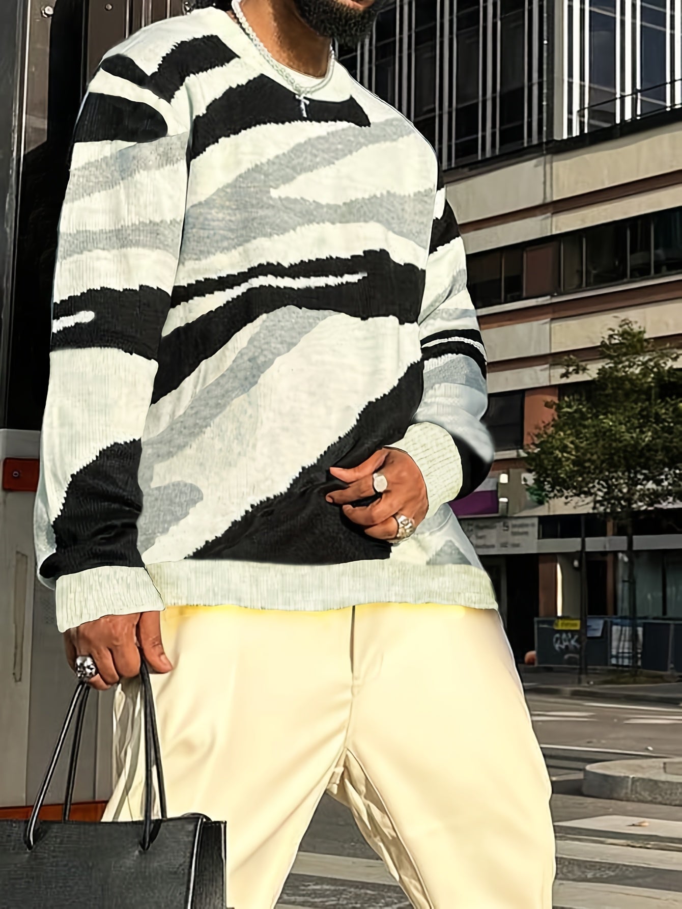 Abstract Wave Stripe Knit Crewneck Sweater