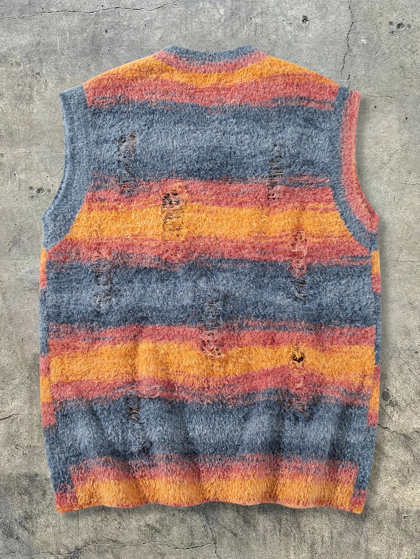Fuzzy Distressed Stripe V-Neck Knit Vest