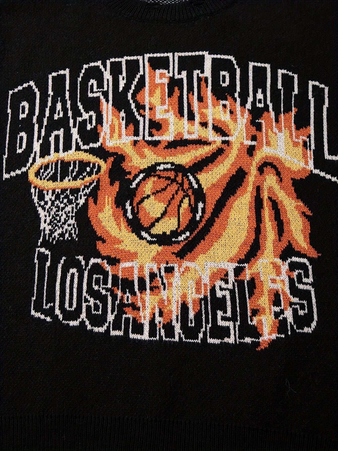 Black Los Angeles Basketball Graphic Distressed Knit Sweater