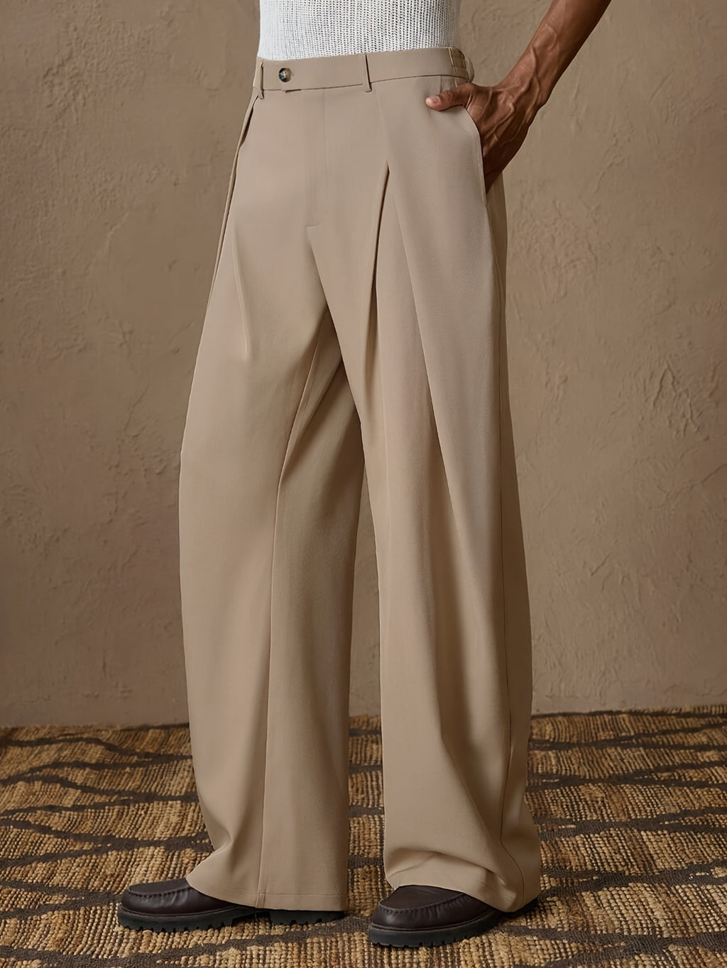 Beige High-Waisted Pleated Wide-Leg Trousers