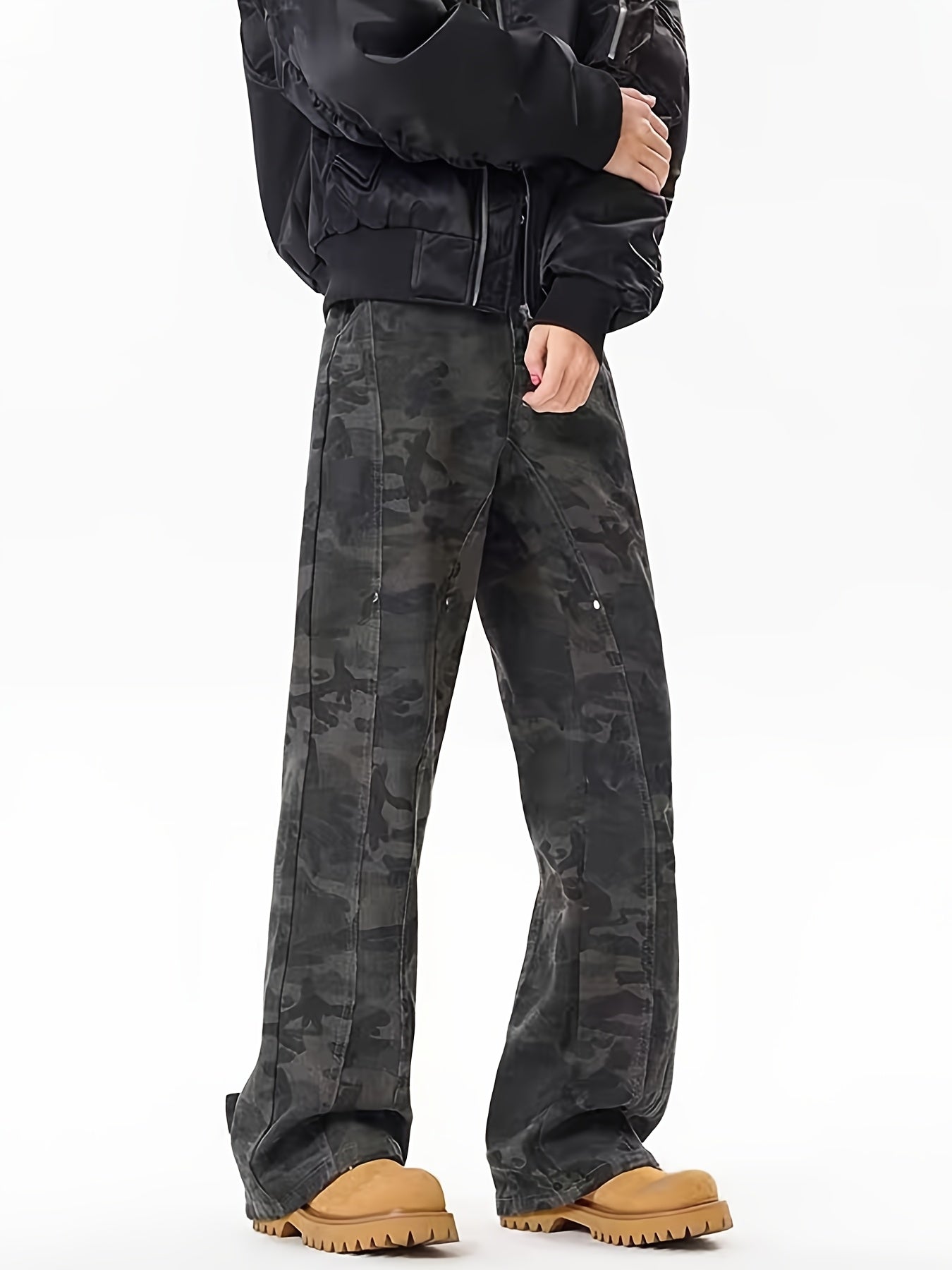 Dark Camo Wide-Leg Cargo Pants with Ankle Buckles