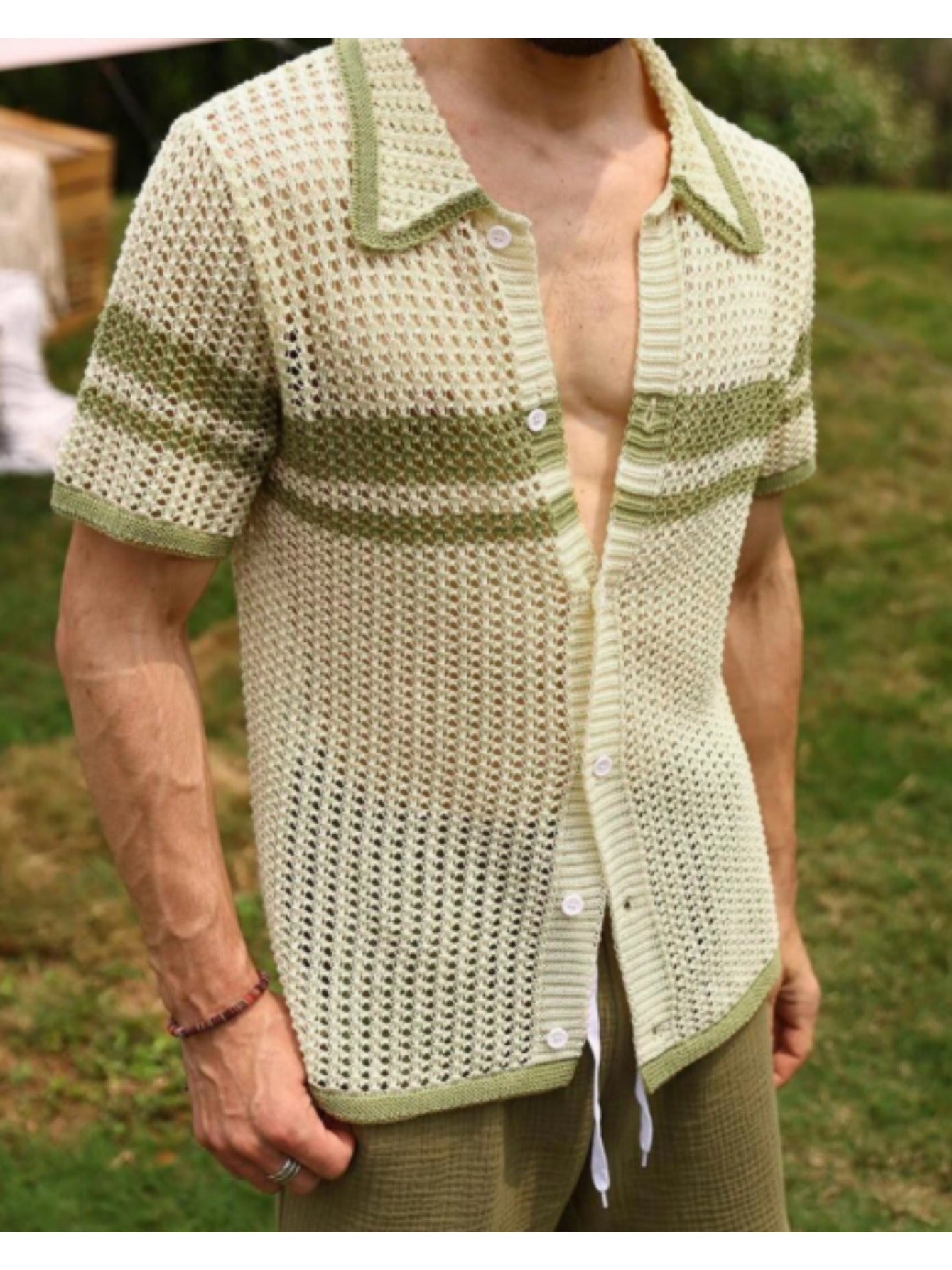 Beige & Green Stripe Crochet Knit Button-Up Shirt