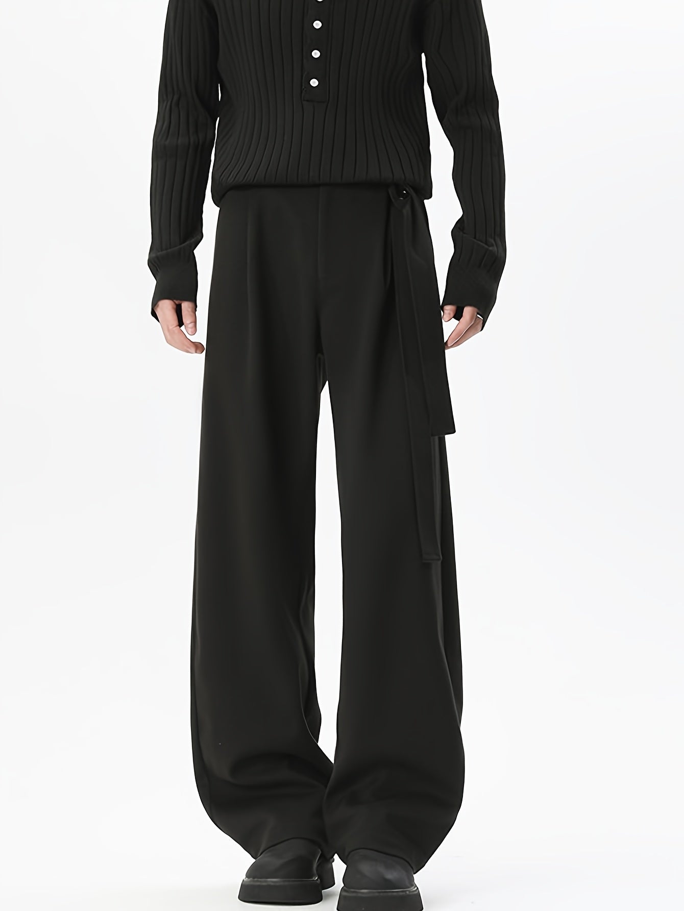 Black Minimalist High-Waist Wide-Leg Trousers with Side Tie