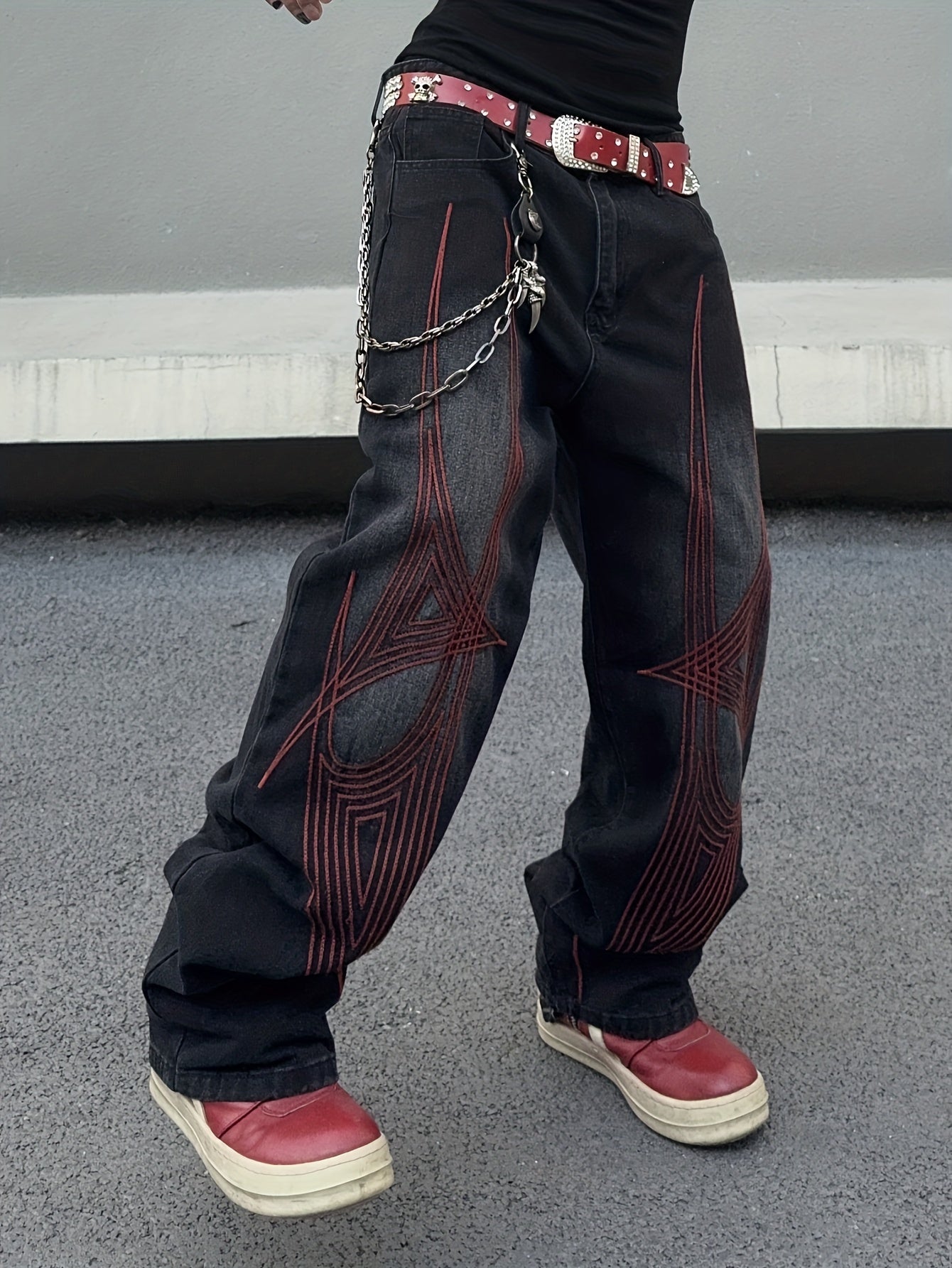 Black & Grey Gradient Red Geometric Embroidery Wide-Leg Denim Jeans