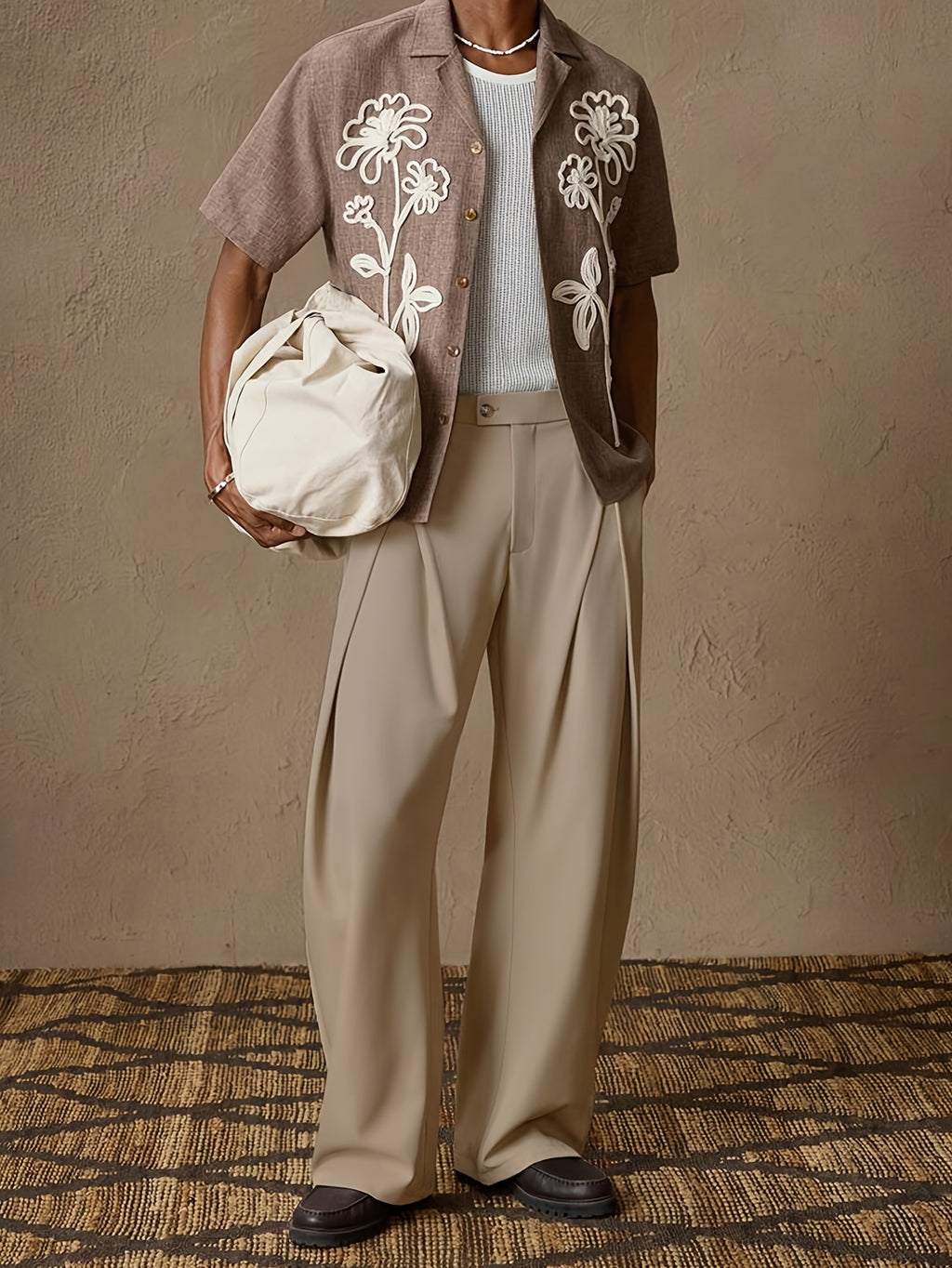 Beige High-Waisted Pleated Wide-Leg Trousers