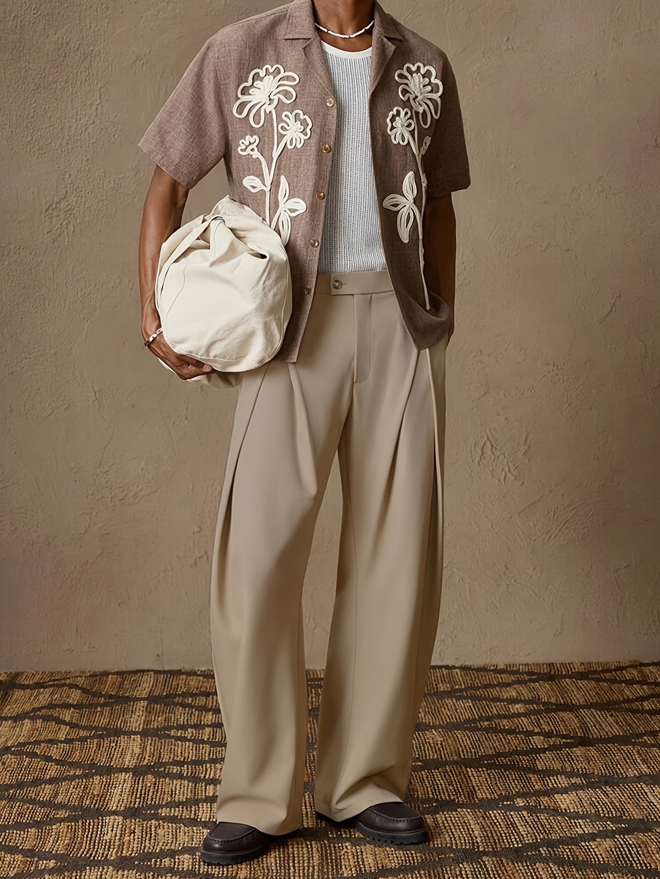 Beige High-Waisted Pleated Wide-Leg Trousers