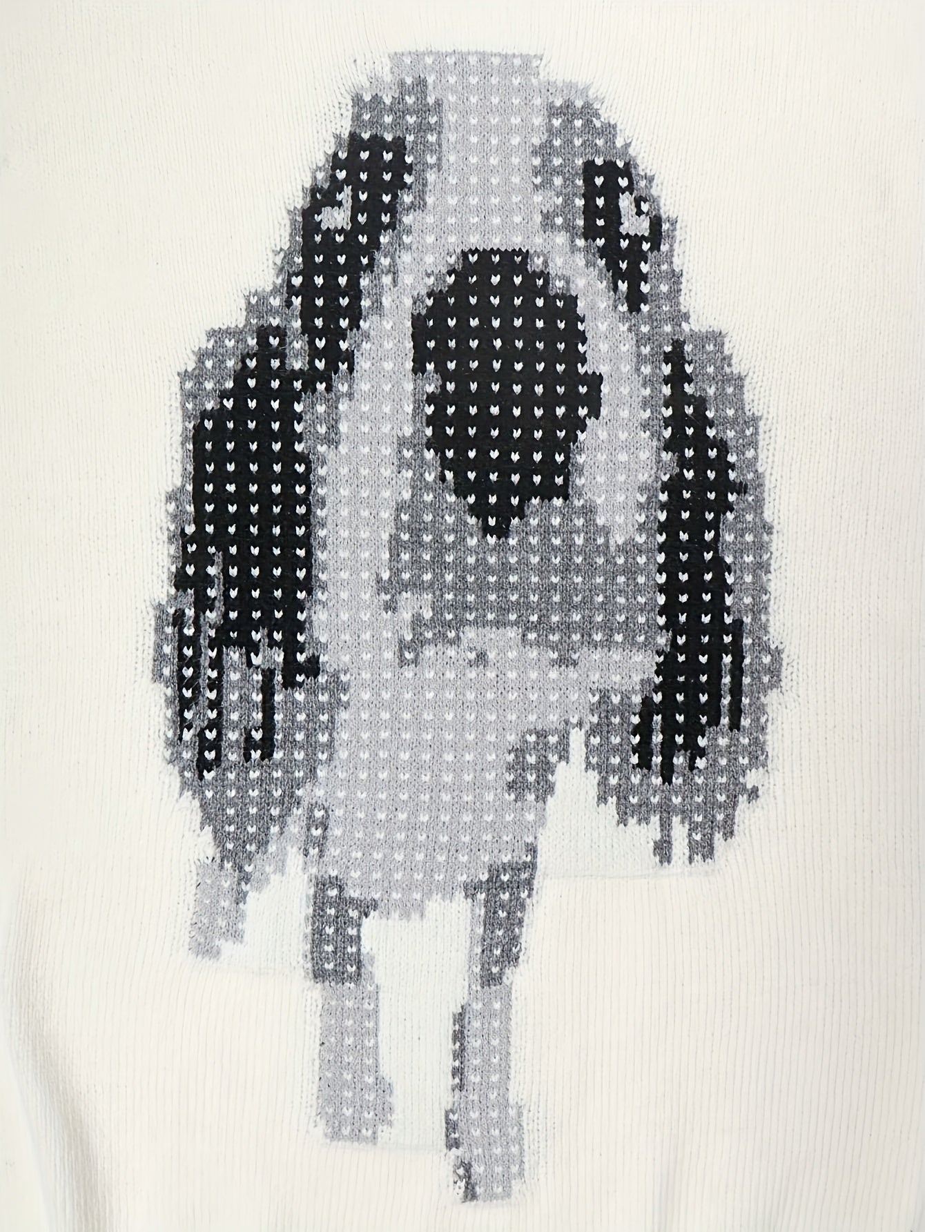 Cream Pixel Dog Pattern Oversized Knit Crewneck Sweater